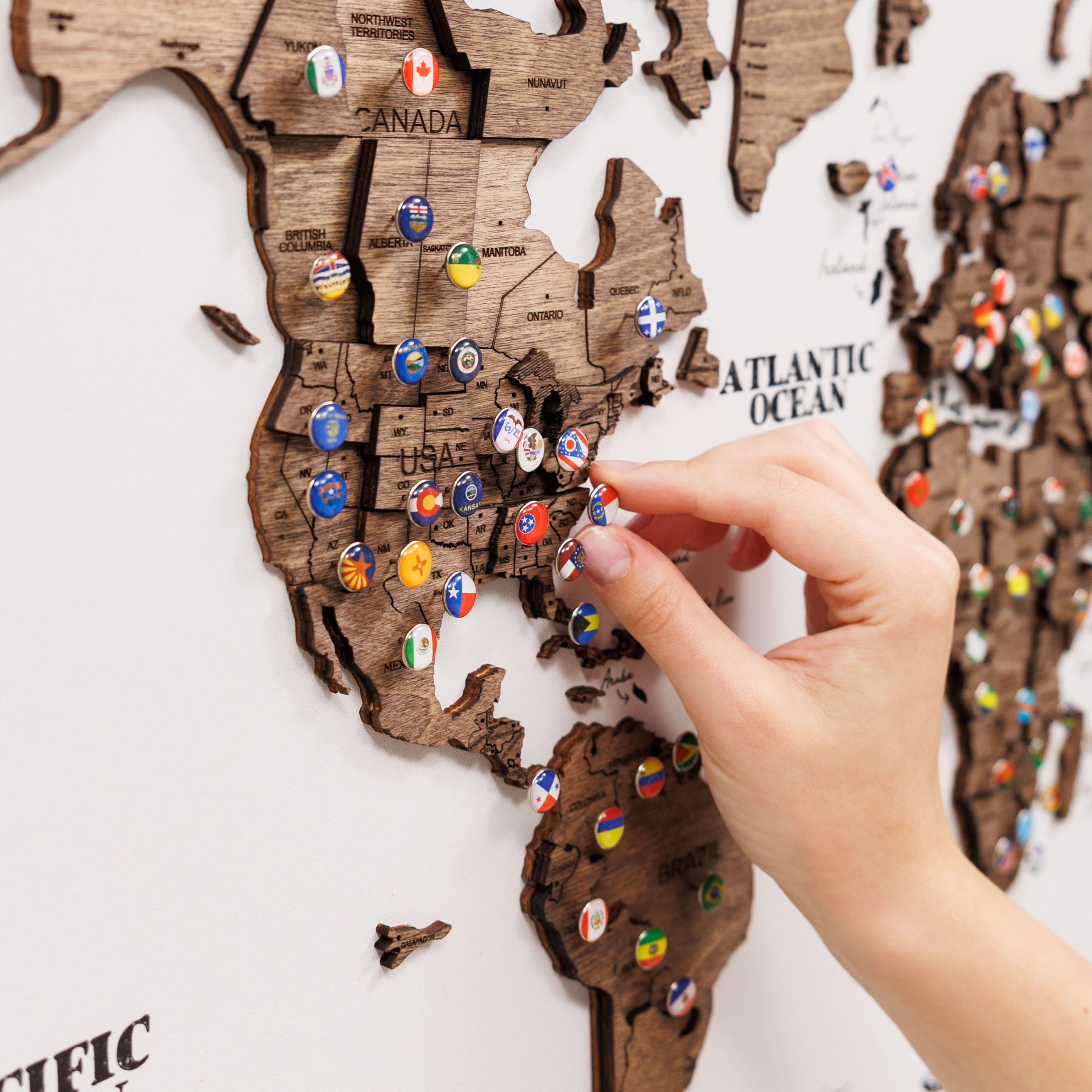 3D Wooden Panel World Map in Dark Walnut Finish