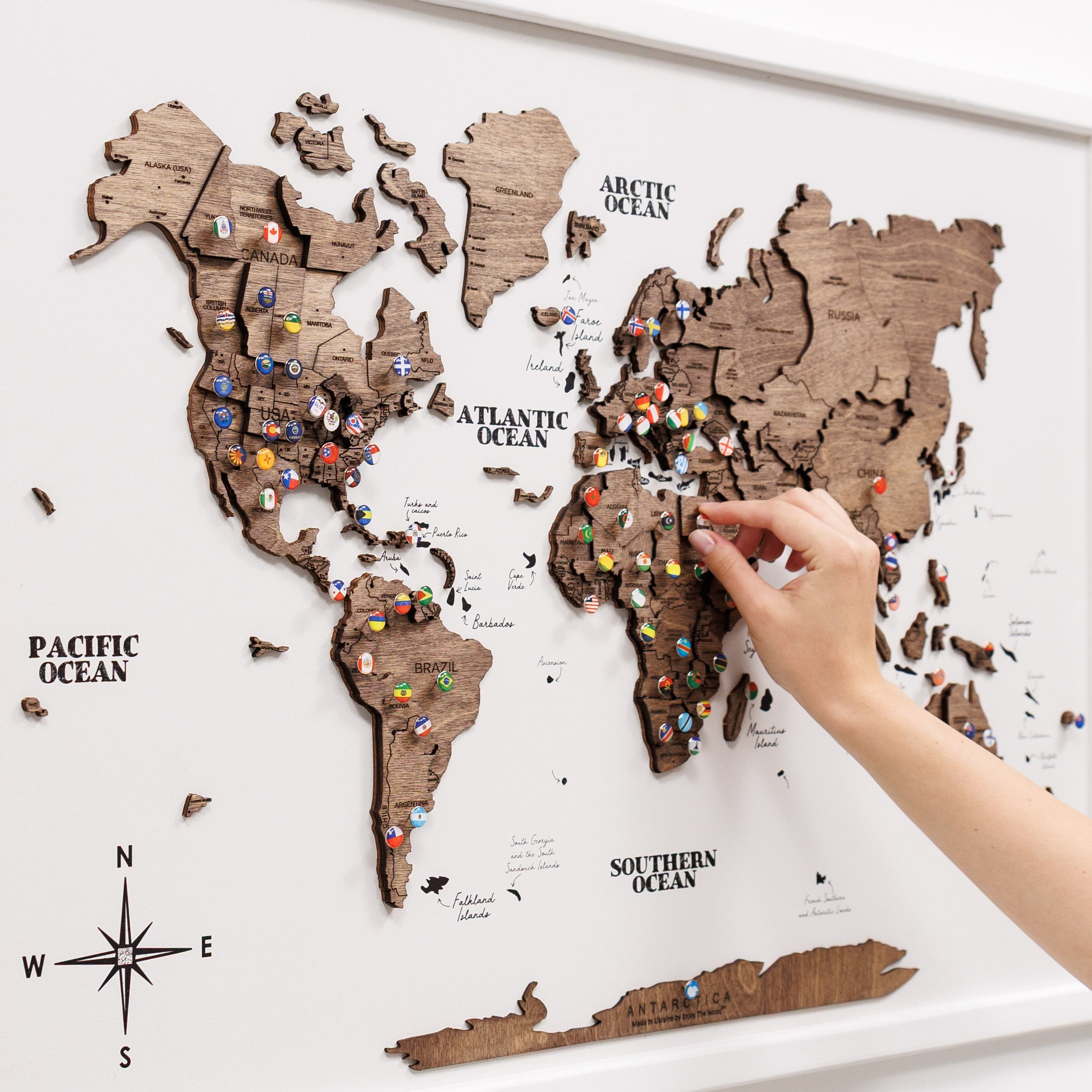 3D Wooden Panel World Map in Dark Walnut Finish