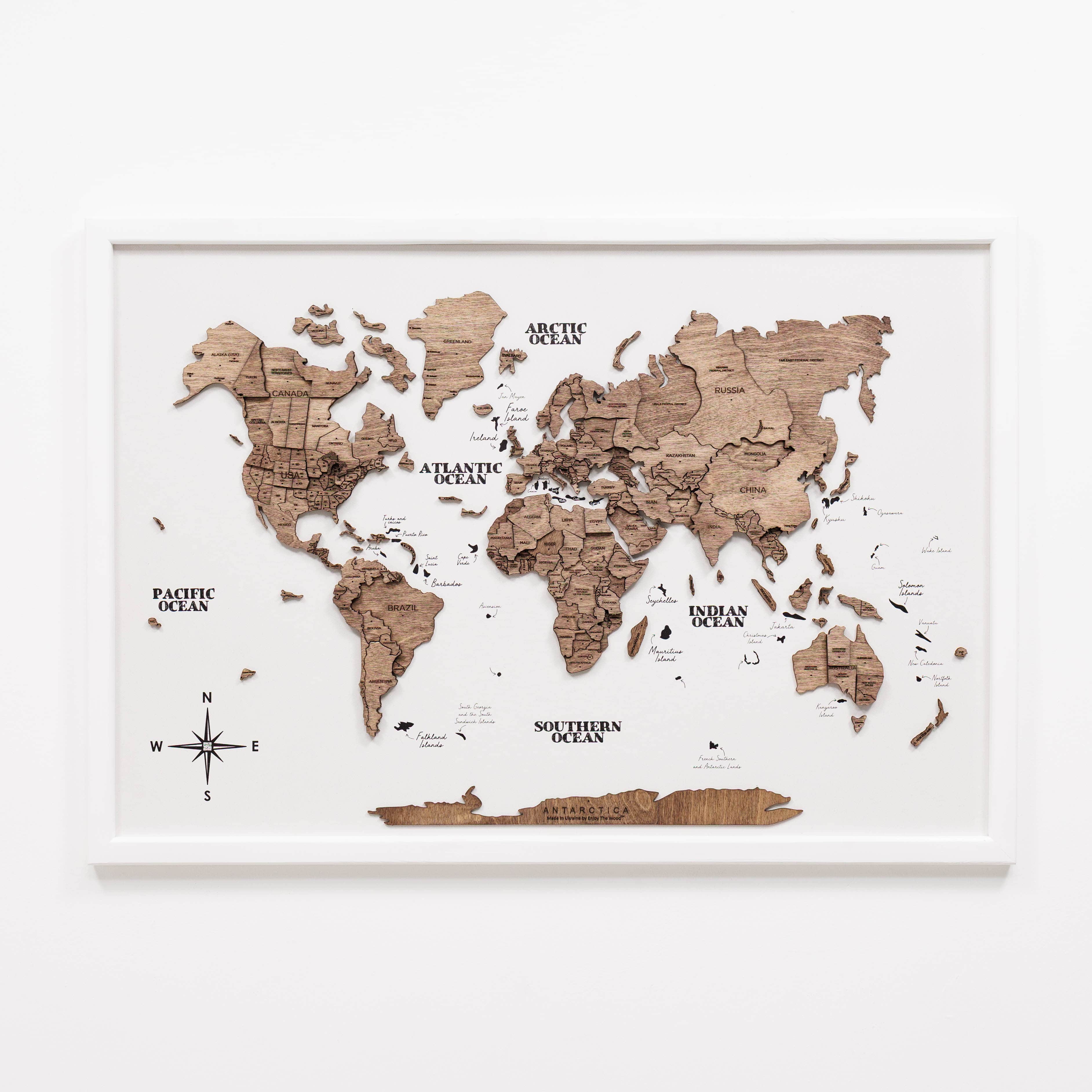 3D Wooden Panel World Map in Dark Walnut Finish