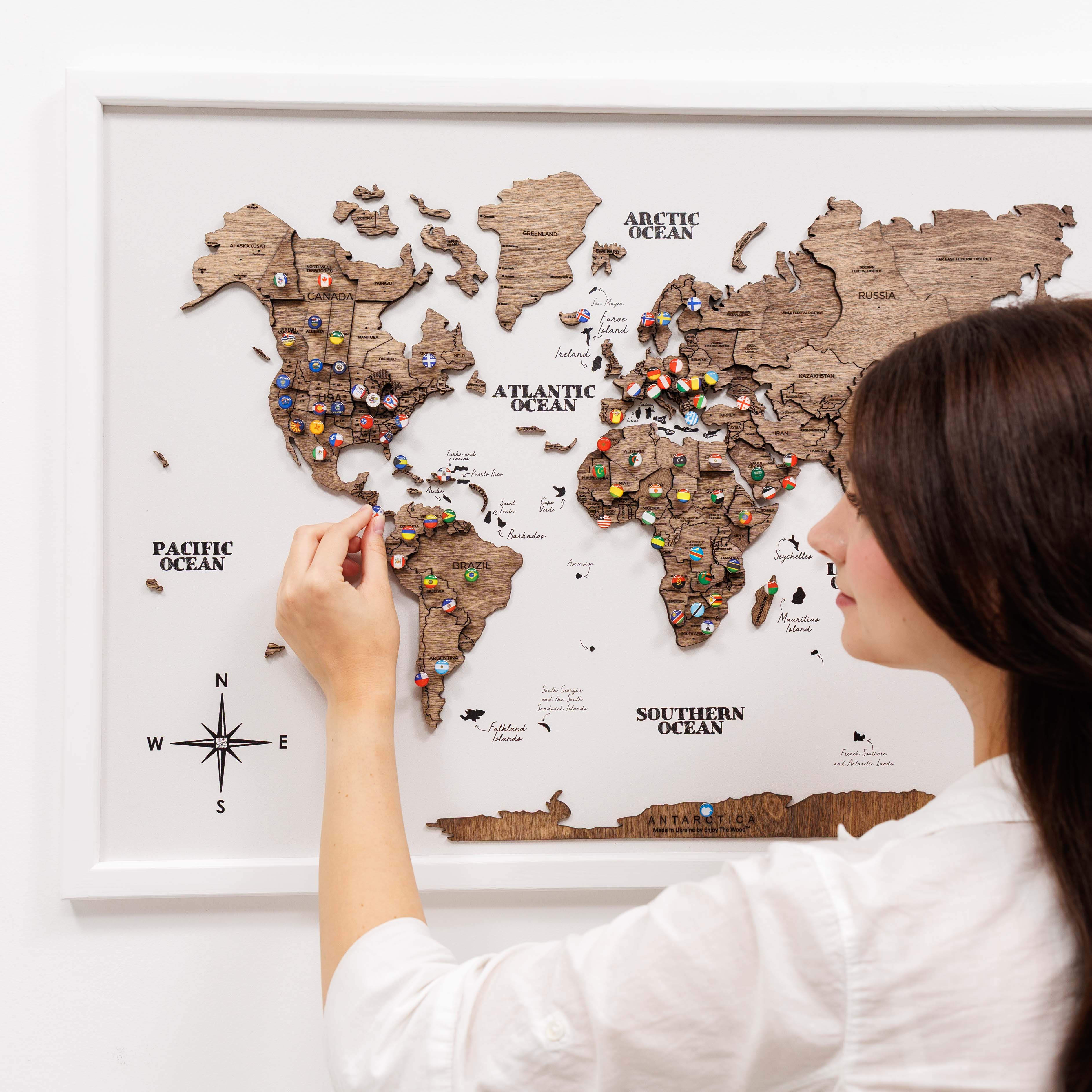 3D Wooden Panel World Map in Dark Walnut Finish