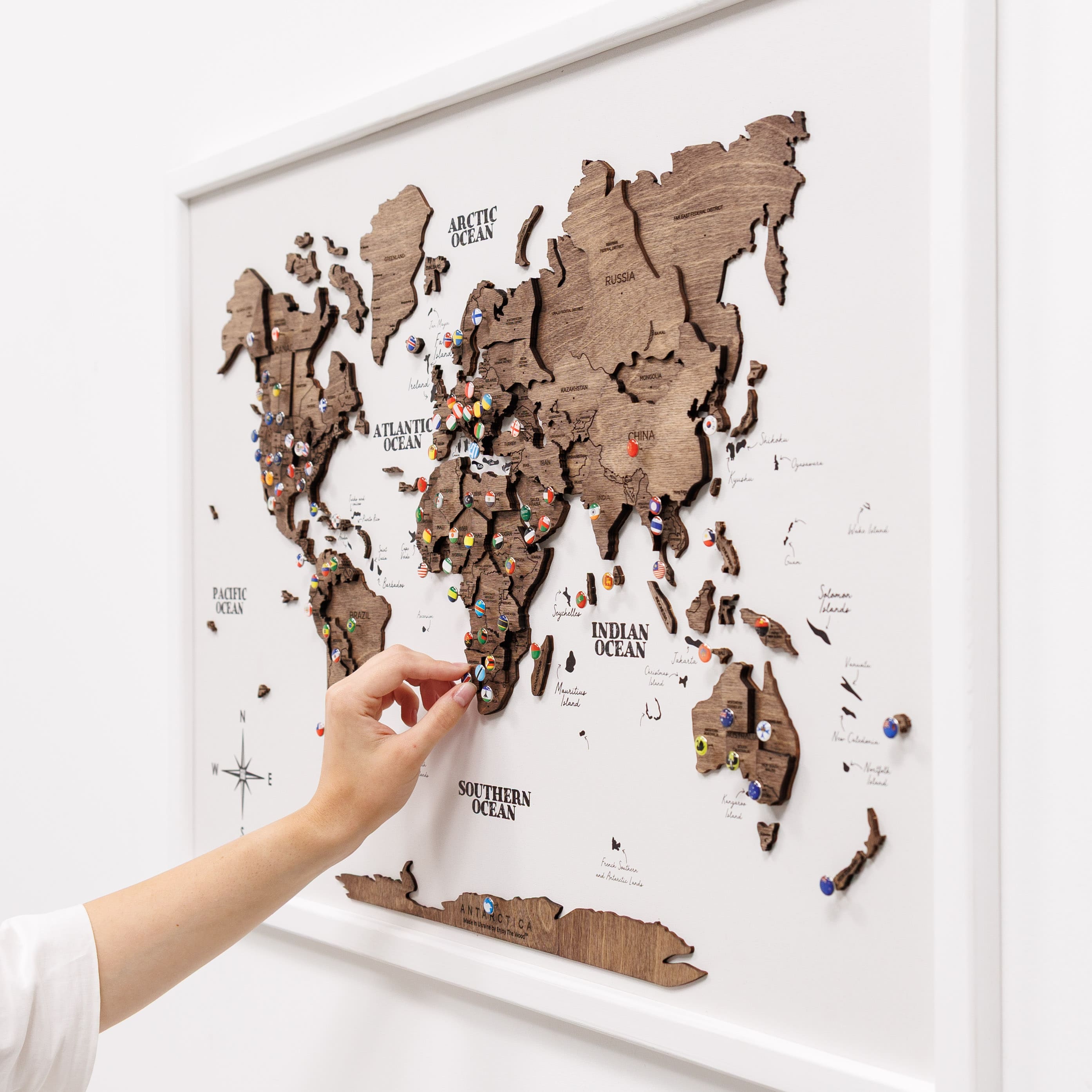 3D Wooden Panel World Map in Dark Walnut Finish