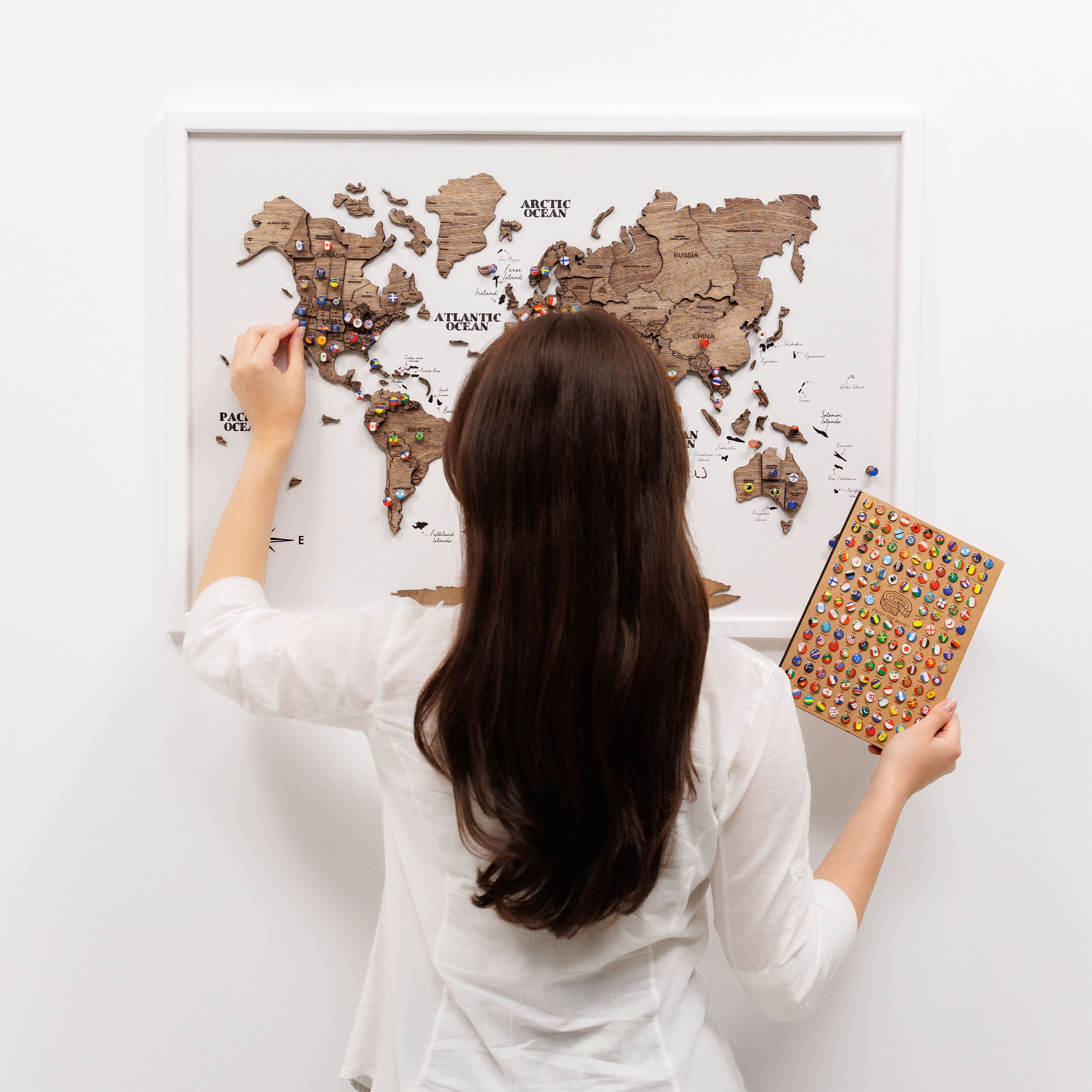 3D Wooden Panel World Map in Dark Walnut Finish