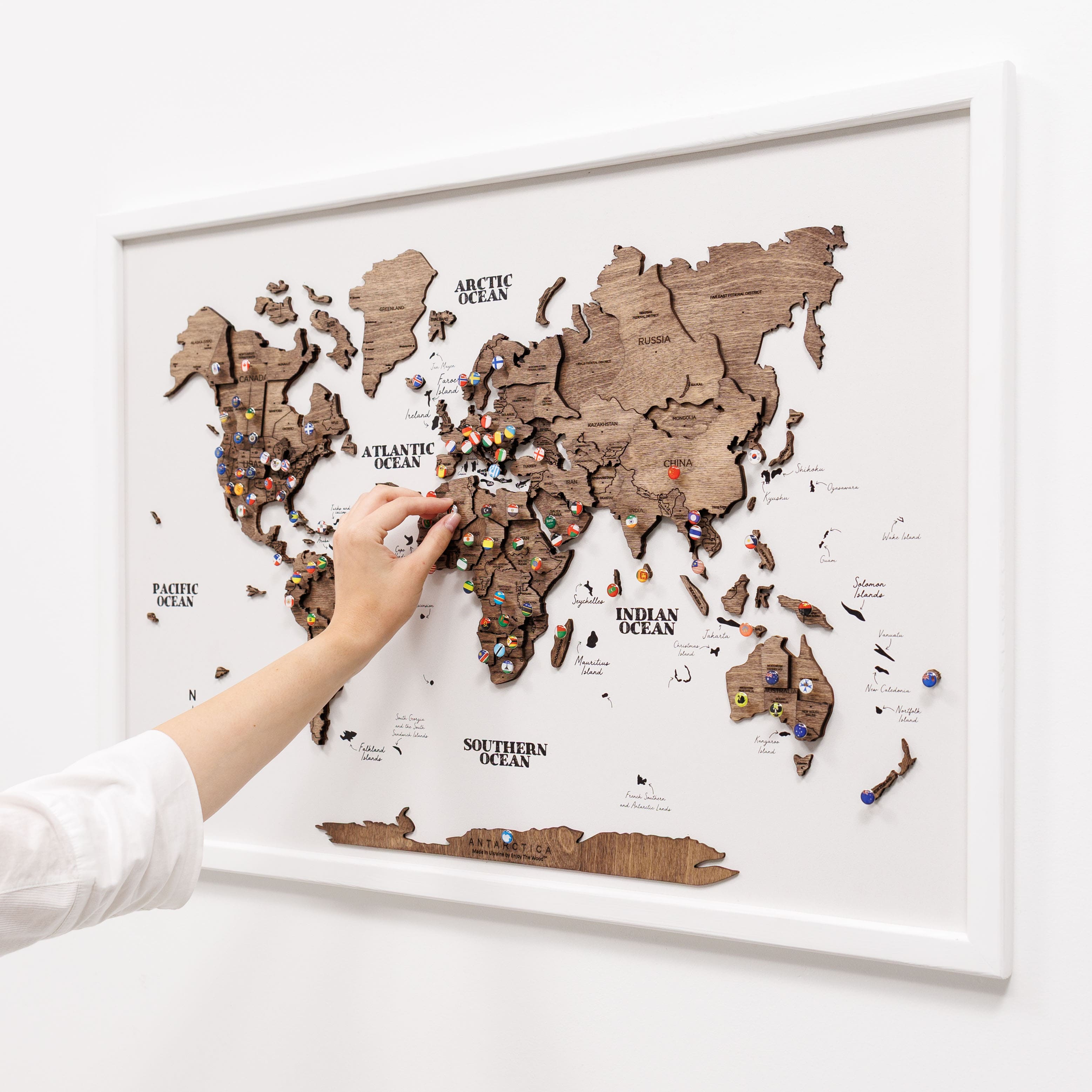 3D Wooden Panel World Map in Dark Walnut Finish