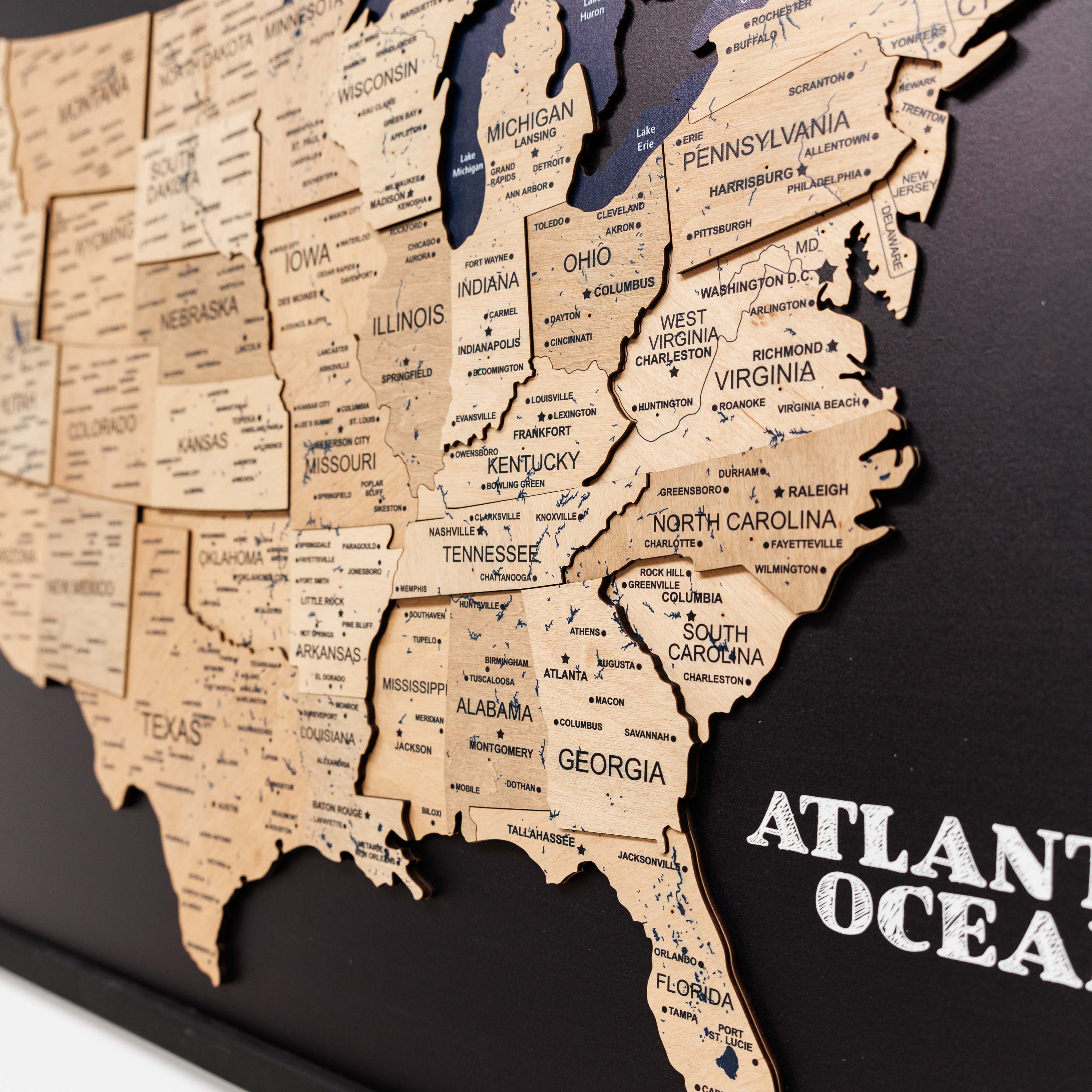 3D Wooden USA Map on Board in Gold