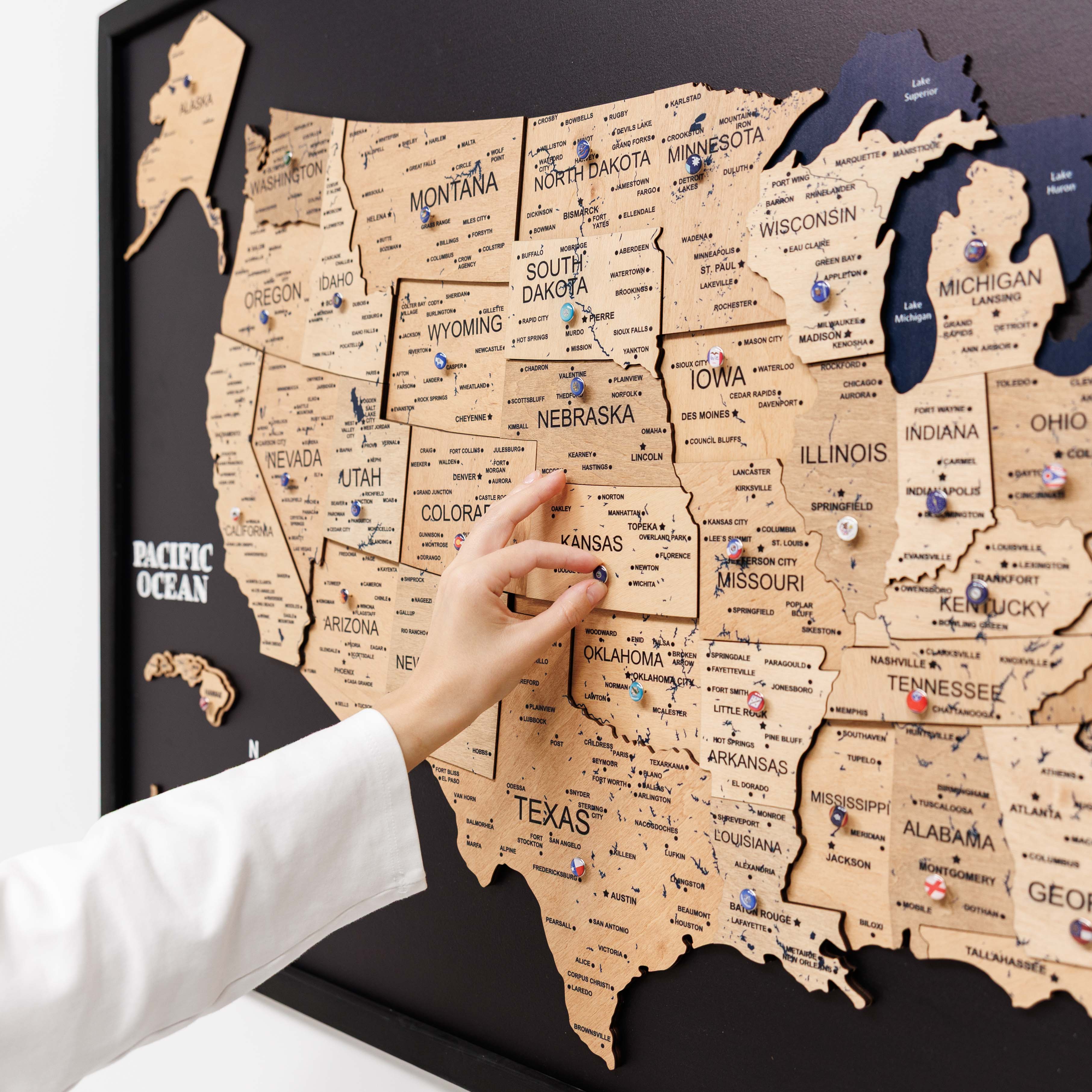 3D Wooden USA Map on Board in Gold