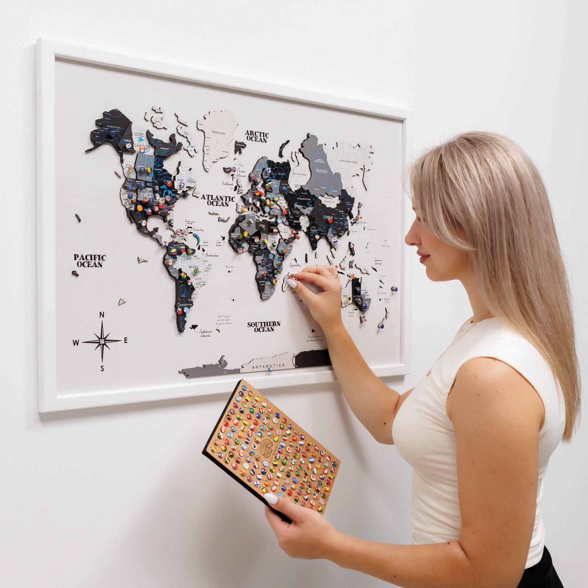 3D Wooden Panel World Map in Nordik Light Finish