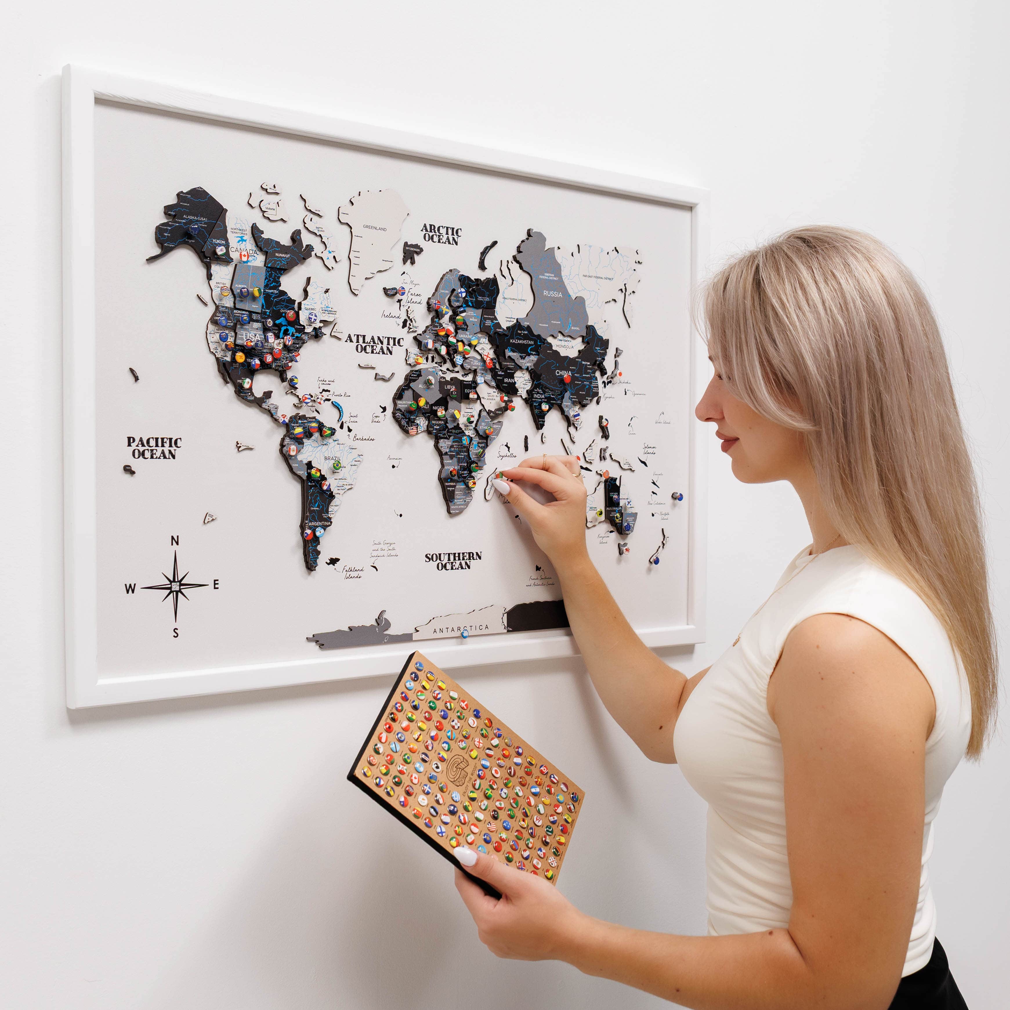 3D Wooden Panel World Map in Nordik Light Finish