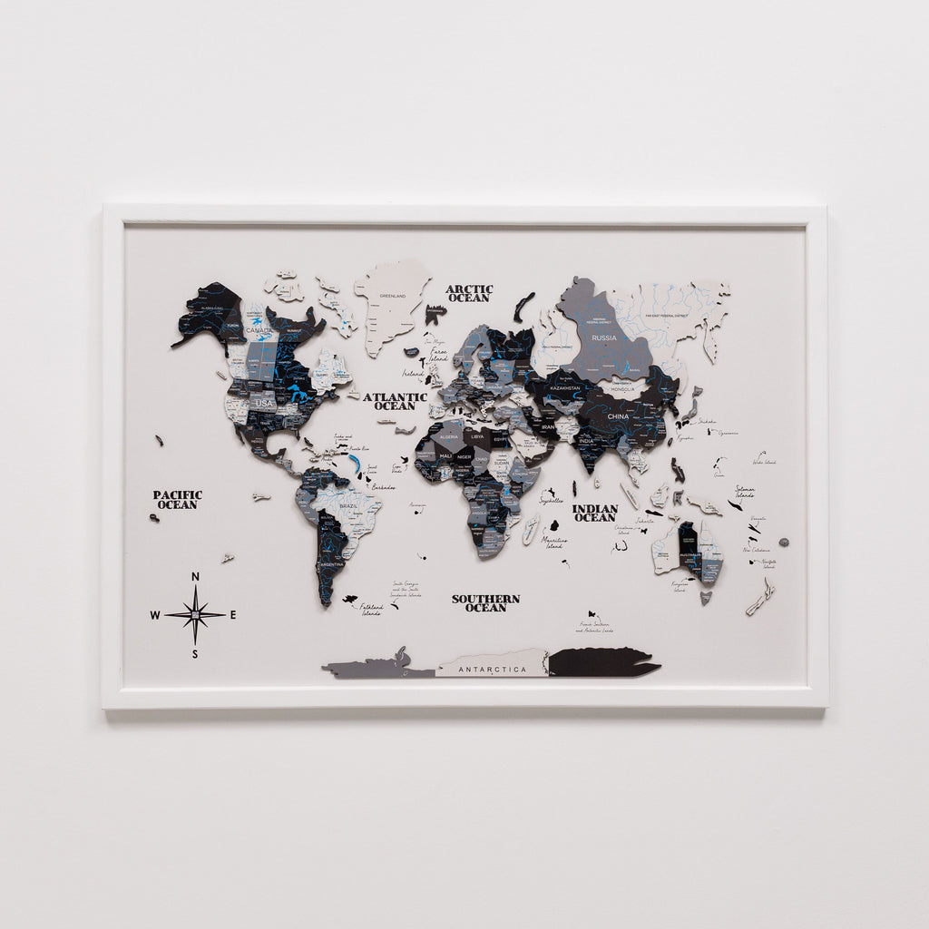 3D Wooden Panel World Map in Nordik Light Finish