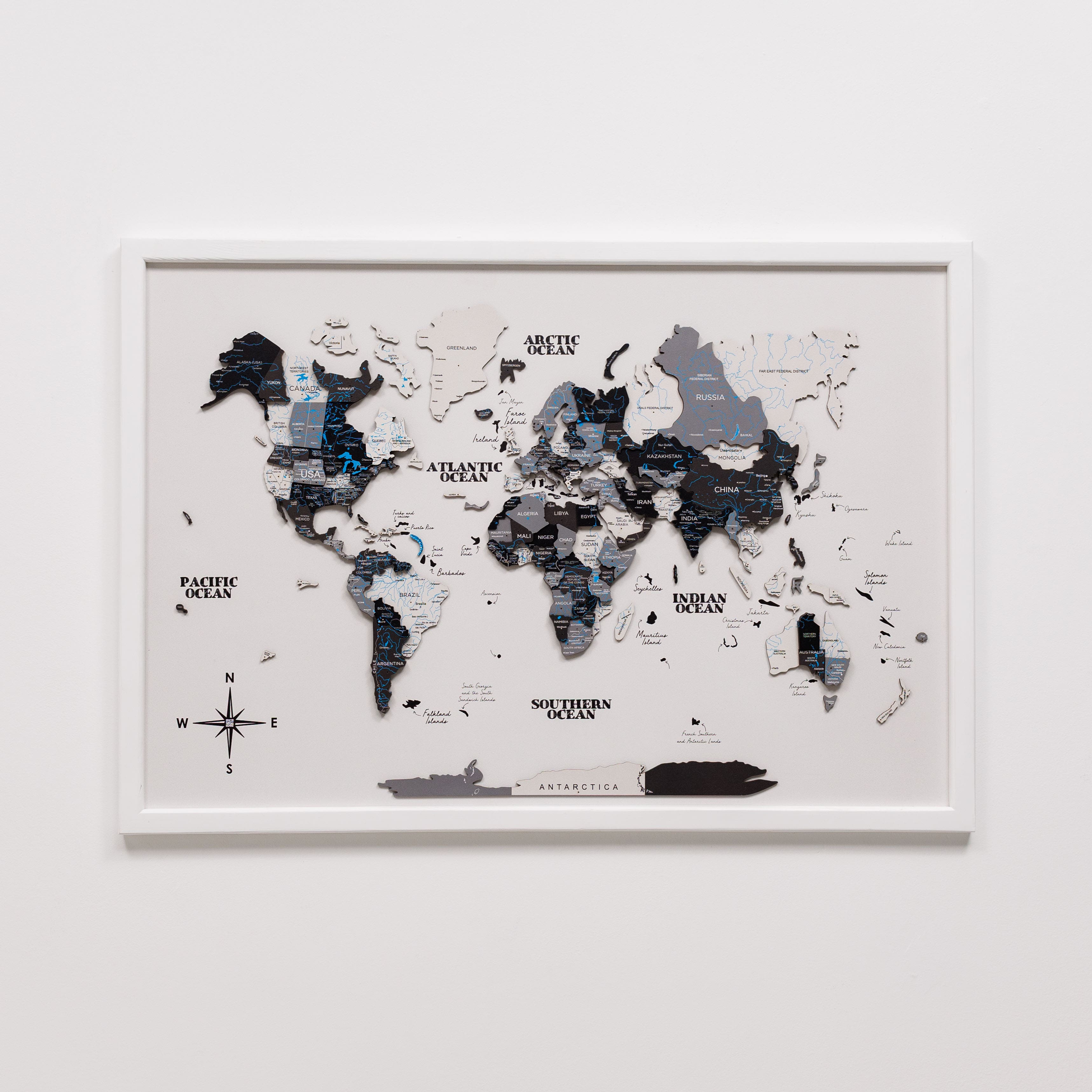 3D Wooden Panel World Map in Nordik Light Finish