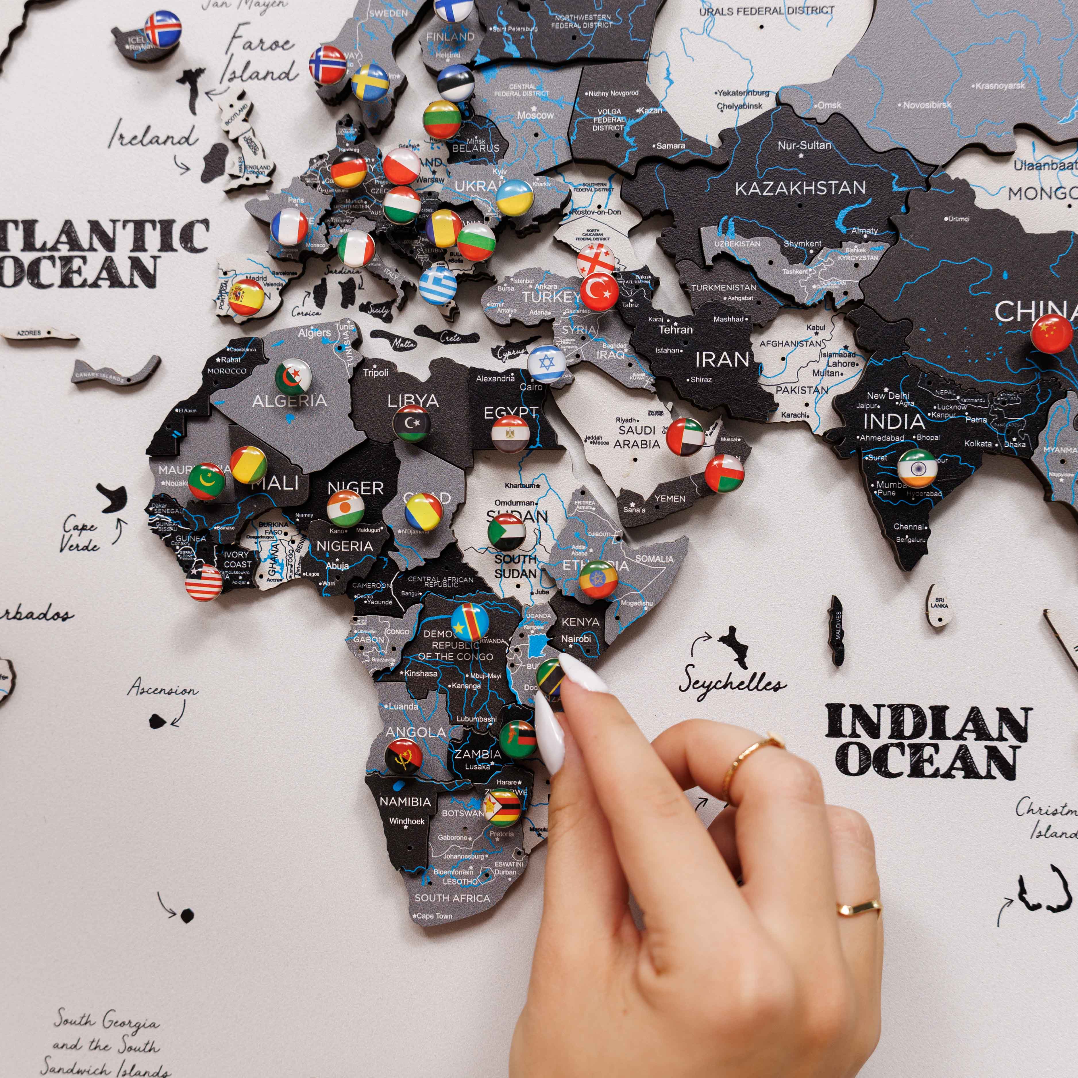 3D Wooden Panel World Map in Nordik Light Finish