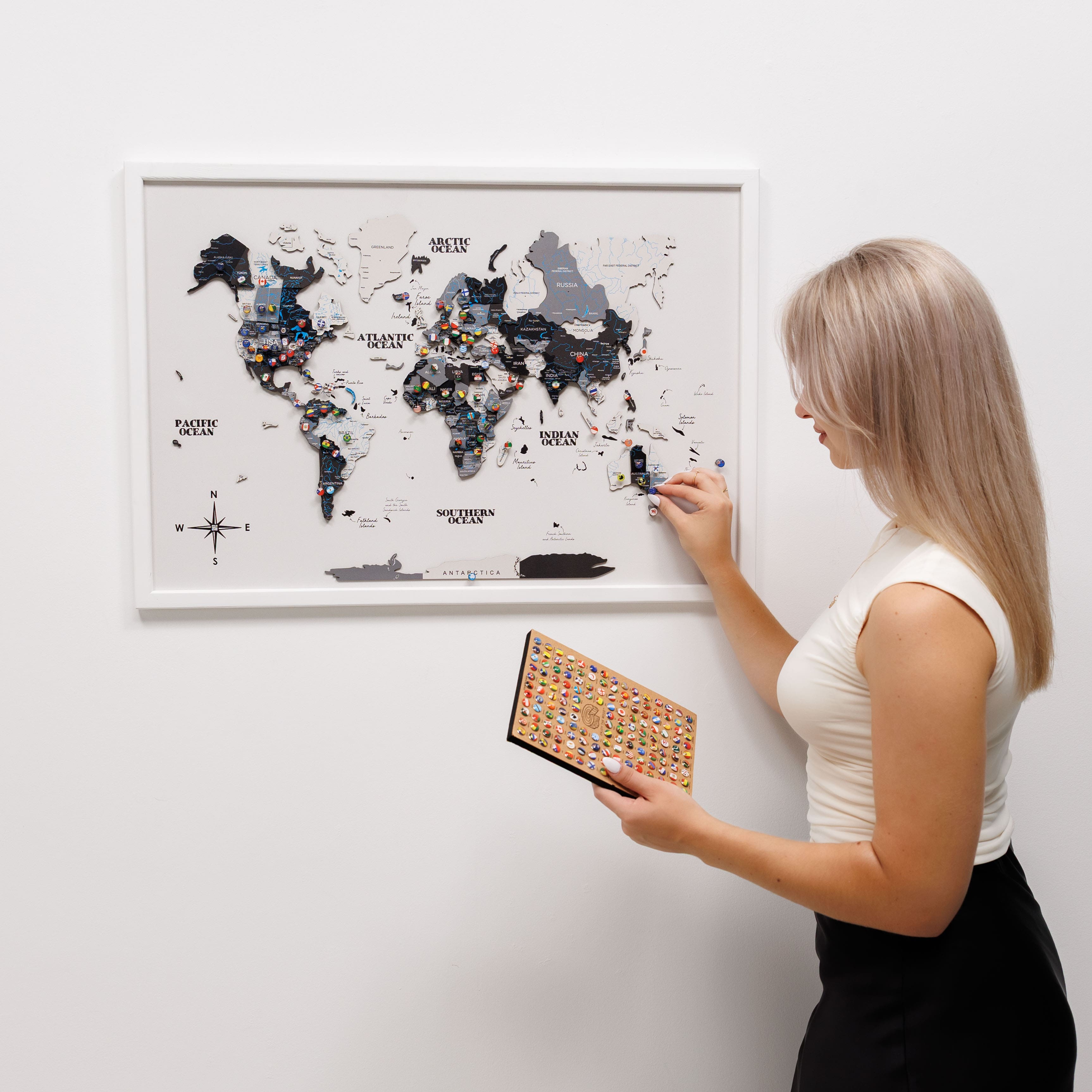 3D Wooden Panel World Map in Nordik Light Finish