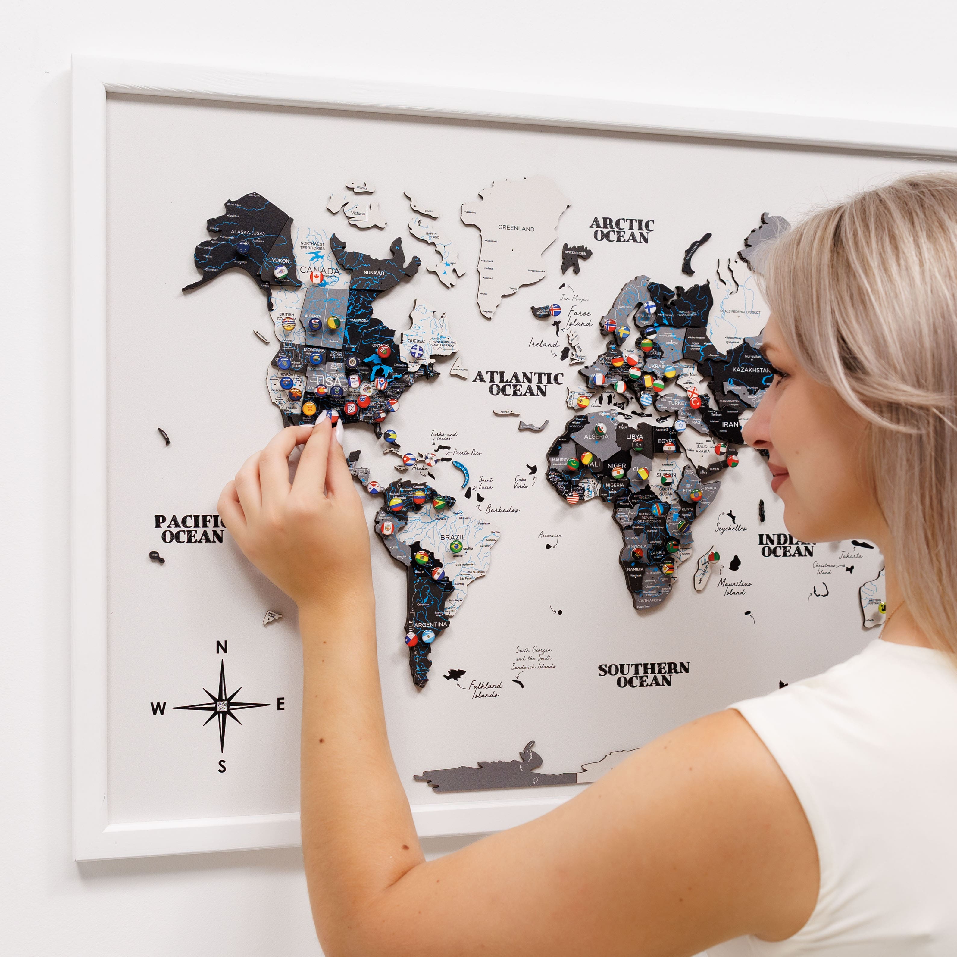 3D Wooden Panel World Map in Nordik Light Finish
