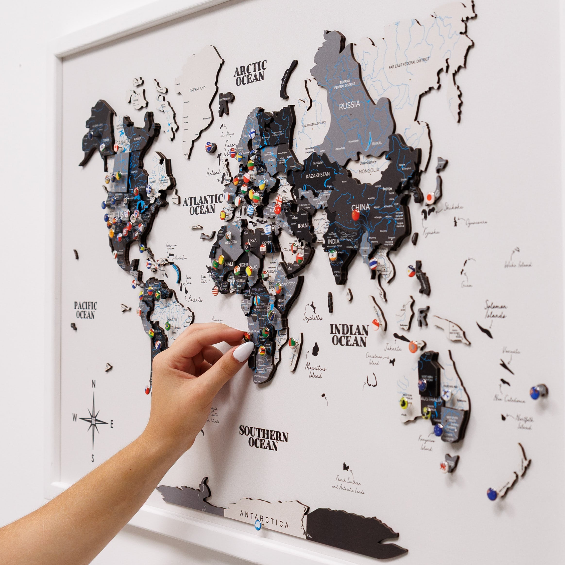 3D Wooden Panel World Map in Nordik Light Finish