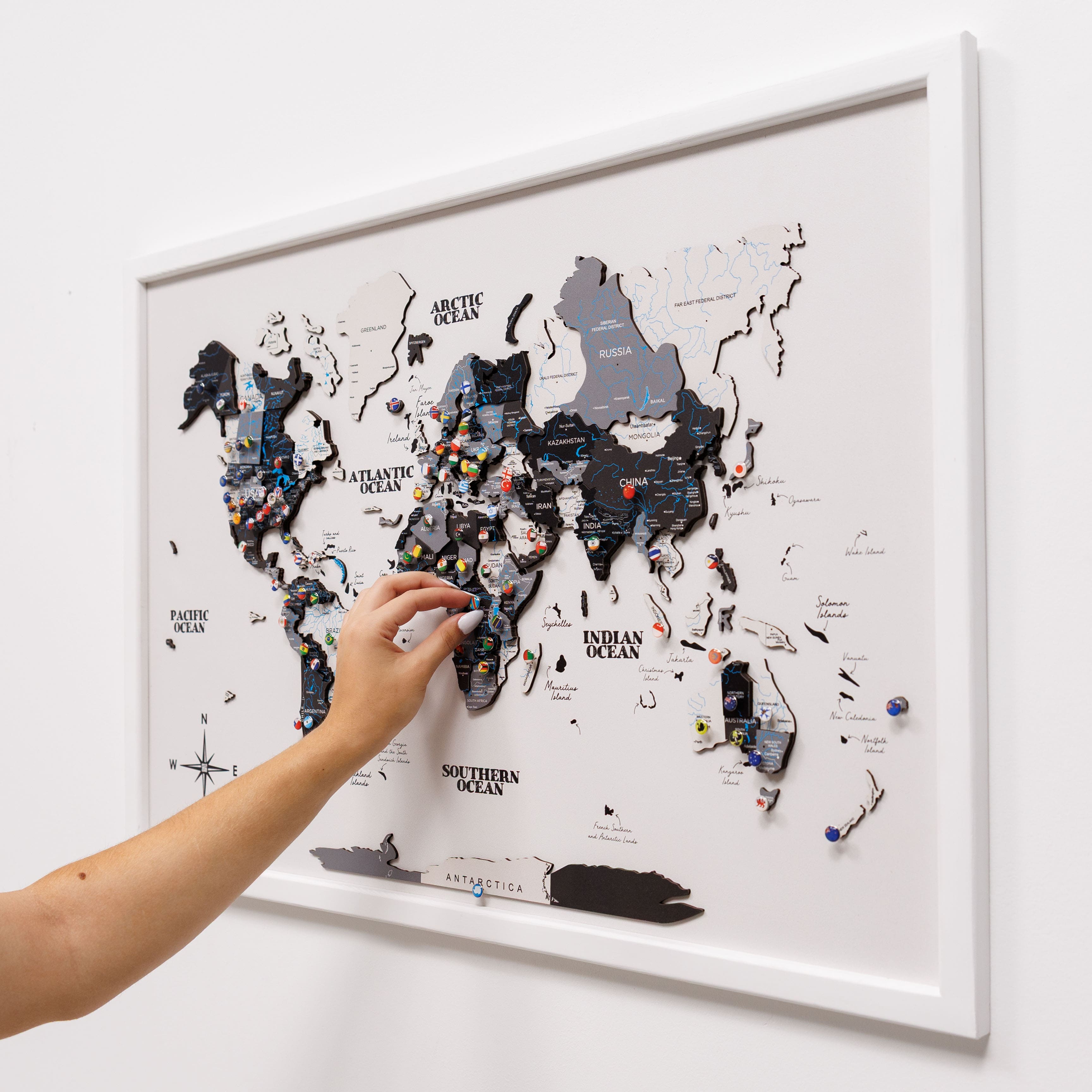 3D Wooden Panel World Map in Nordik Light Finish