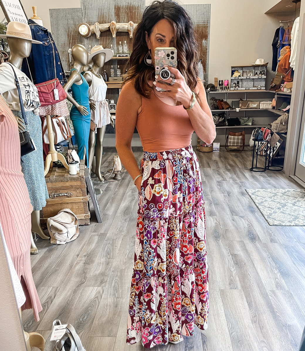 Boho floral print high waist maxi skirt in burgundy with vibrant multi-colored accents in an A-line silhouette