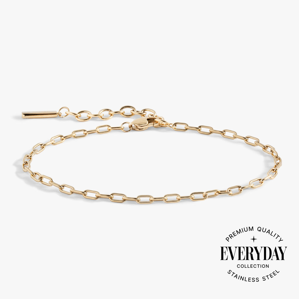 Close up of a polished paperclip chain bracelet on a wrist for stacking inspiration.