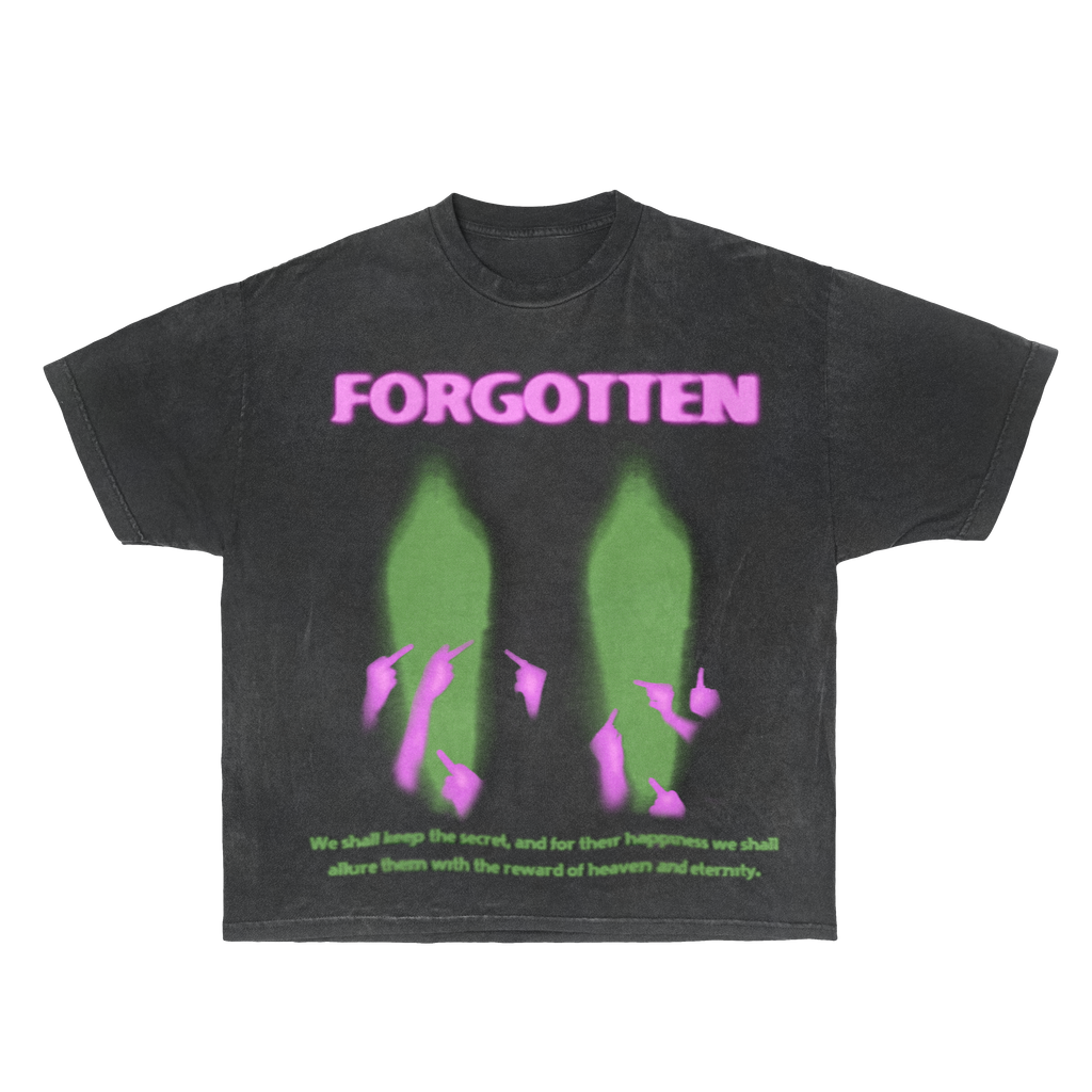 Black short sleeve streetwear t-shirt with Forgotten graphic and pink and green print design