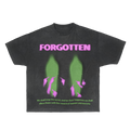 Black short sleeve streetwear t-shirt with Forgotten graphic and pink and green print design