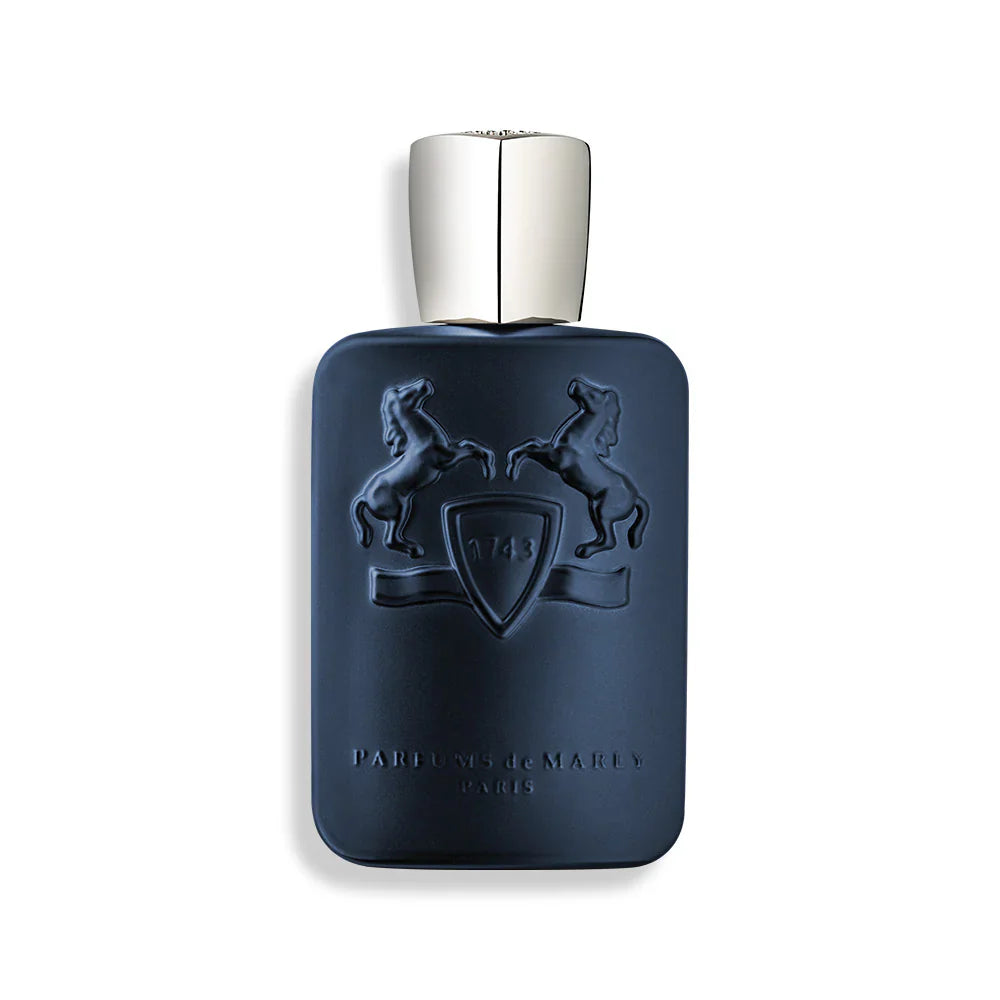 Parfums De Marly Layton Eau de Parfum in a deep navy matte bottle with a silver cap.