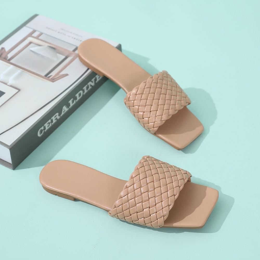 Stevvex women's open-toe flat slide sandals with decorative charm details and leather lining