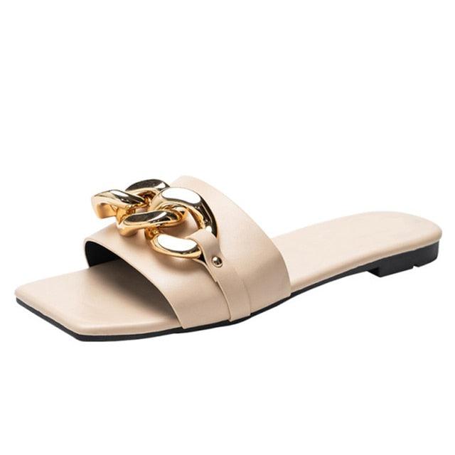 Women's Open-Toe Flat Sandals with Charm Detail Slip-On Beach Slides