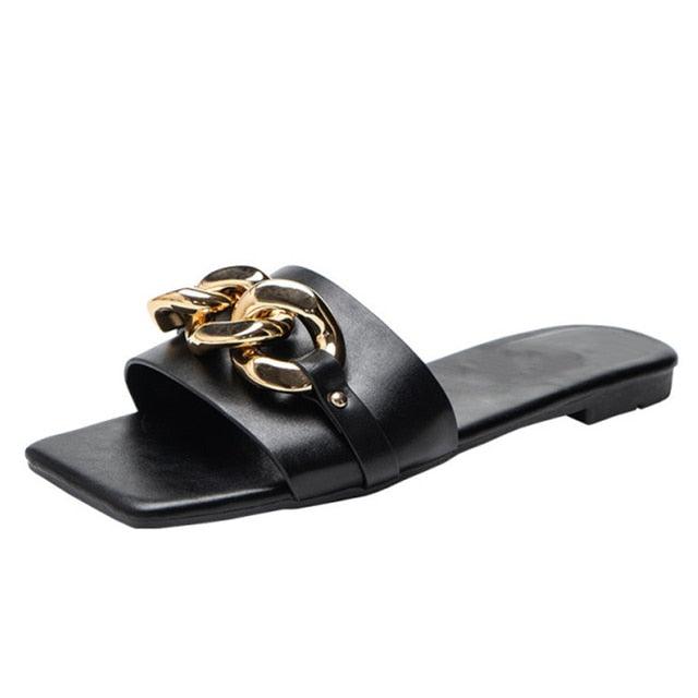 Women's Open-Toe Flat Sandals with Charm Detail Slip-On Beach Slides
