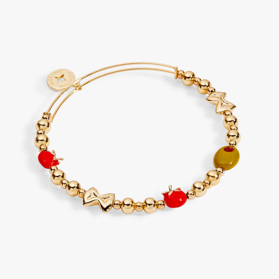 Expandable metal bead bangle featuring Italian-themed charms including a tomato, bowtie pasta, and an olive with a red stone.