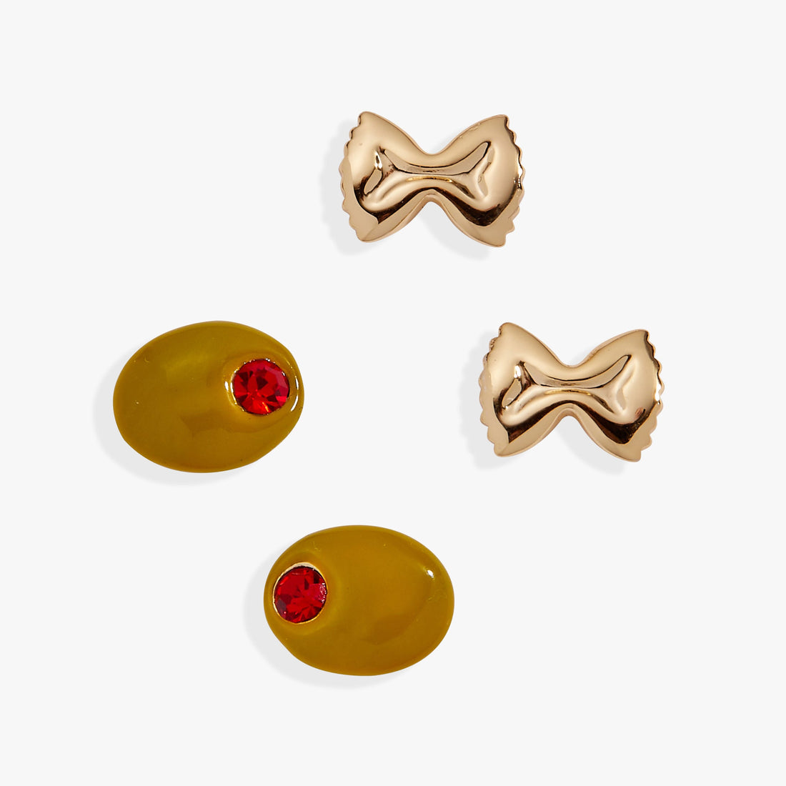 Gold Italian Pasta Stud Earrings Set - Whimsical Olive & Bowtie