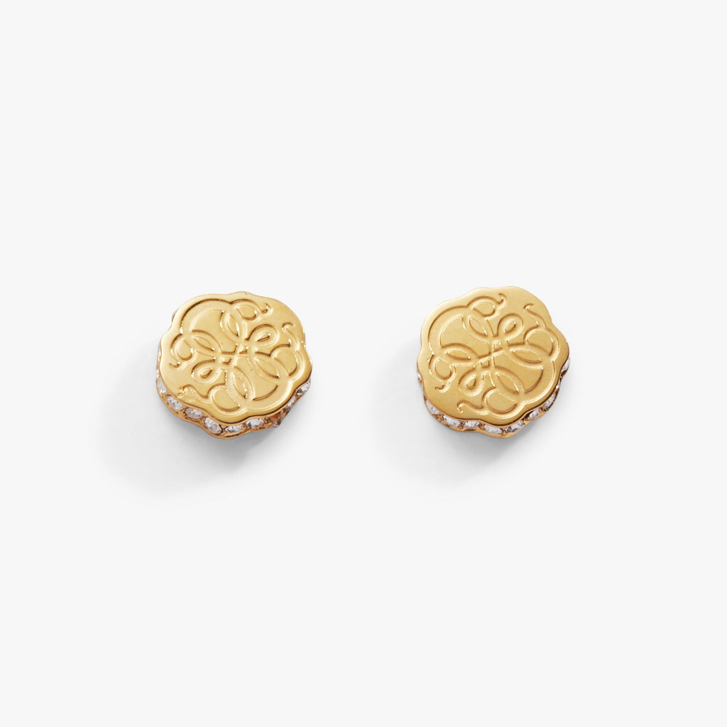 A pair of Path of Life mini stud earrings in polished stainless steel.