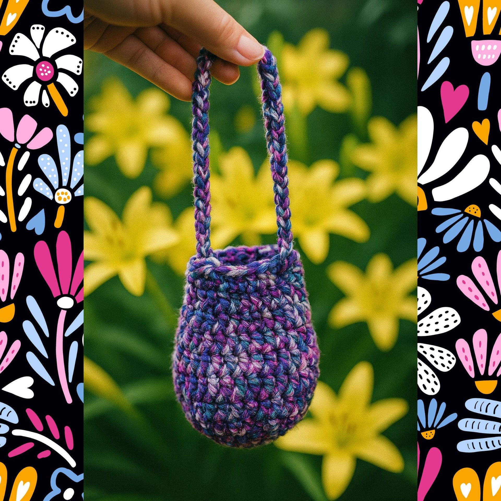 Alpine Mini Bucket Bag crochet project featuring textured Alpine stitches and a drawstring closure.