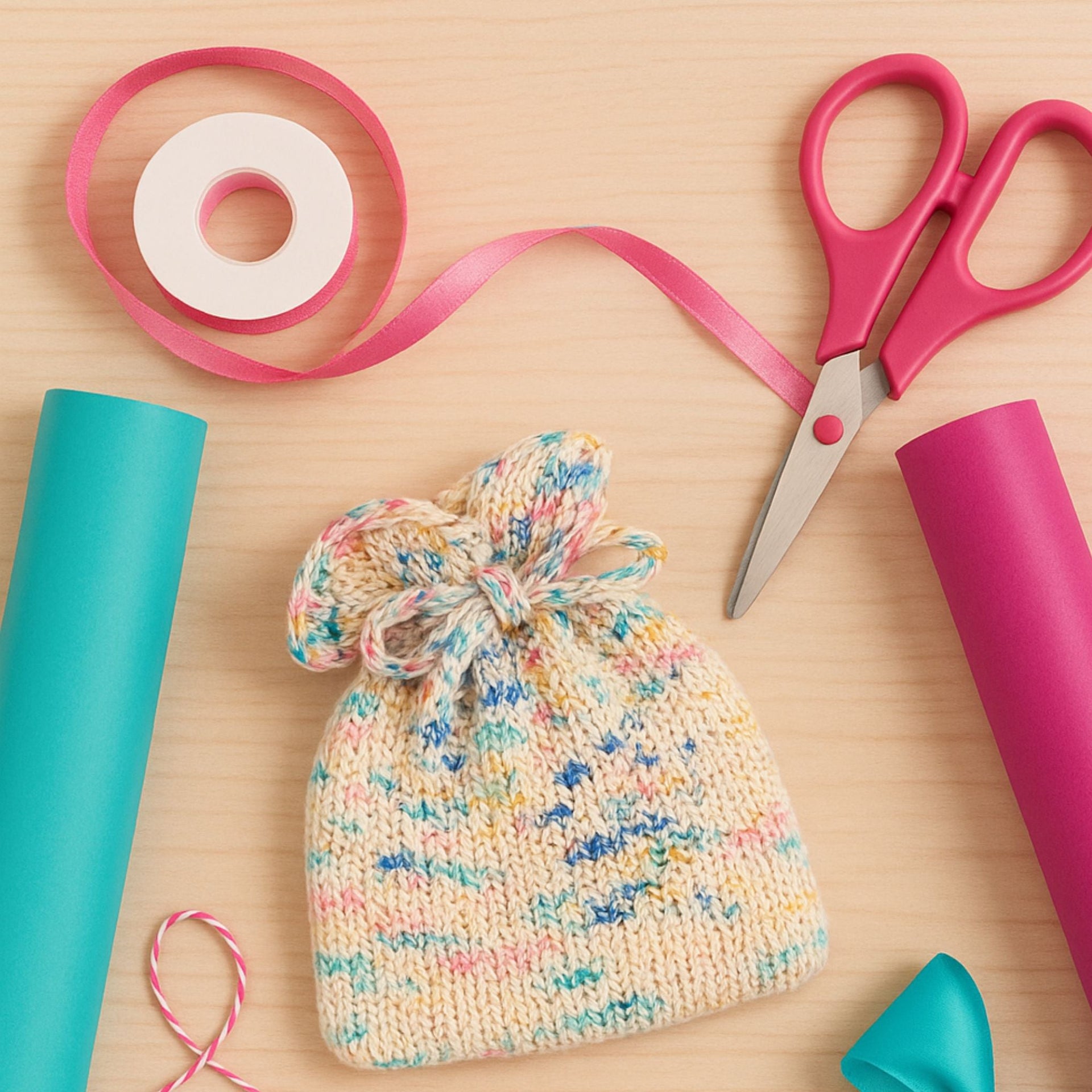 A finished Party Time Pouch made from sport weight silk yarn with an i-cord drawstring.