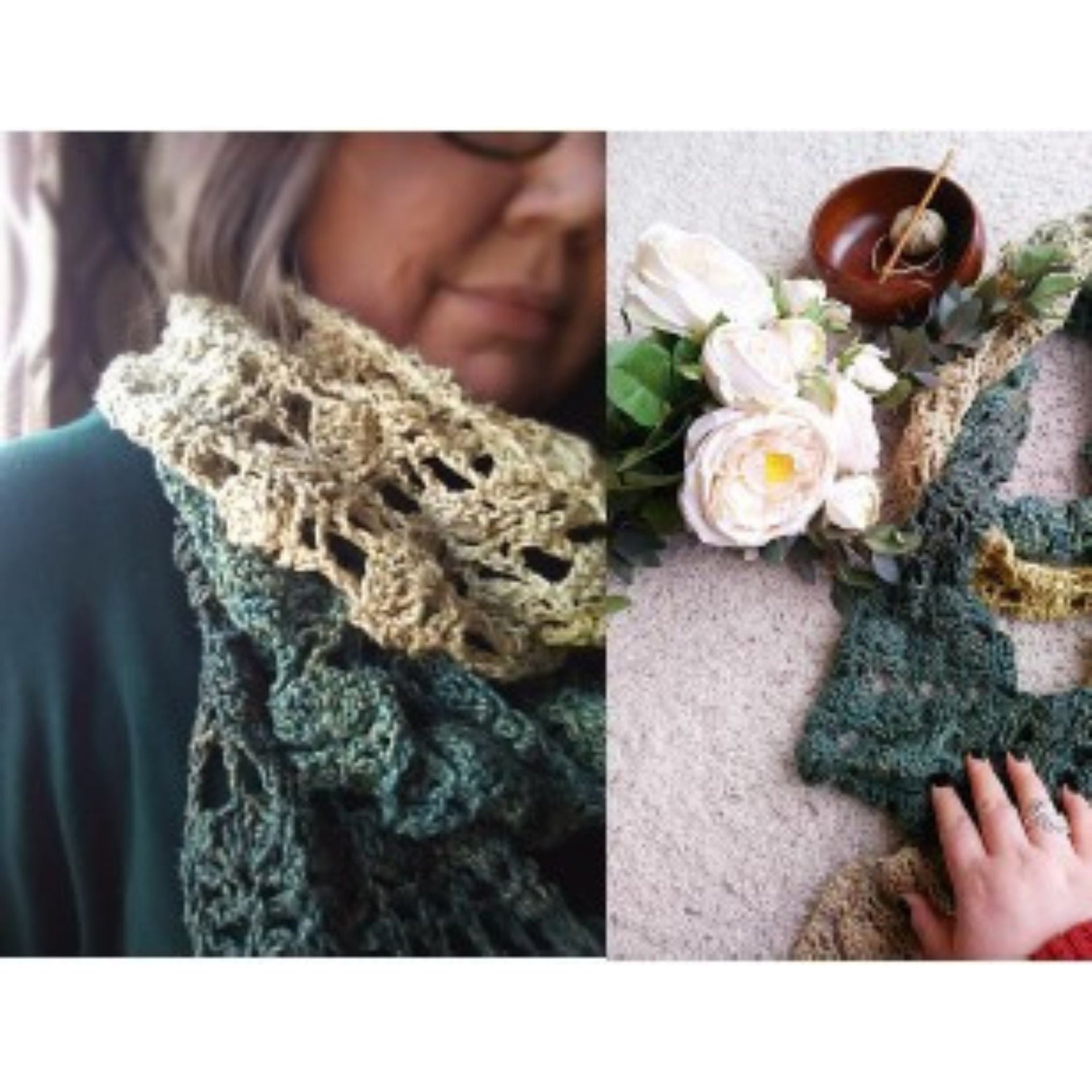 Collection of knit and crochet patterns made from forest green and antique gold recycled sari silk yarn.
