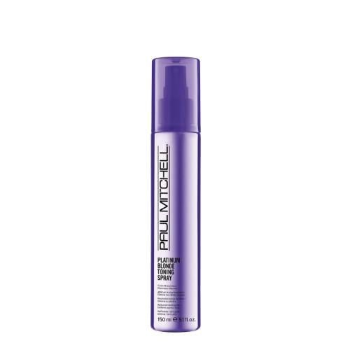 A 150ml bottle of Paul Mitchell Platinum Blonde Toning Spray featuring a metallic violet gradient design.