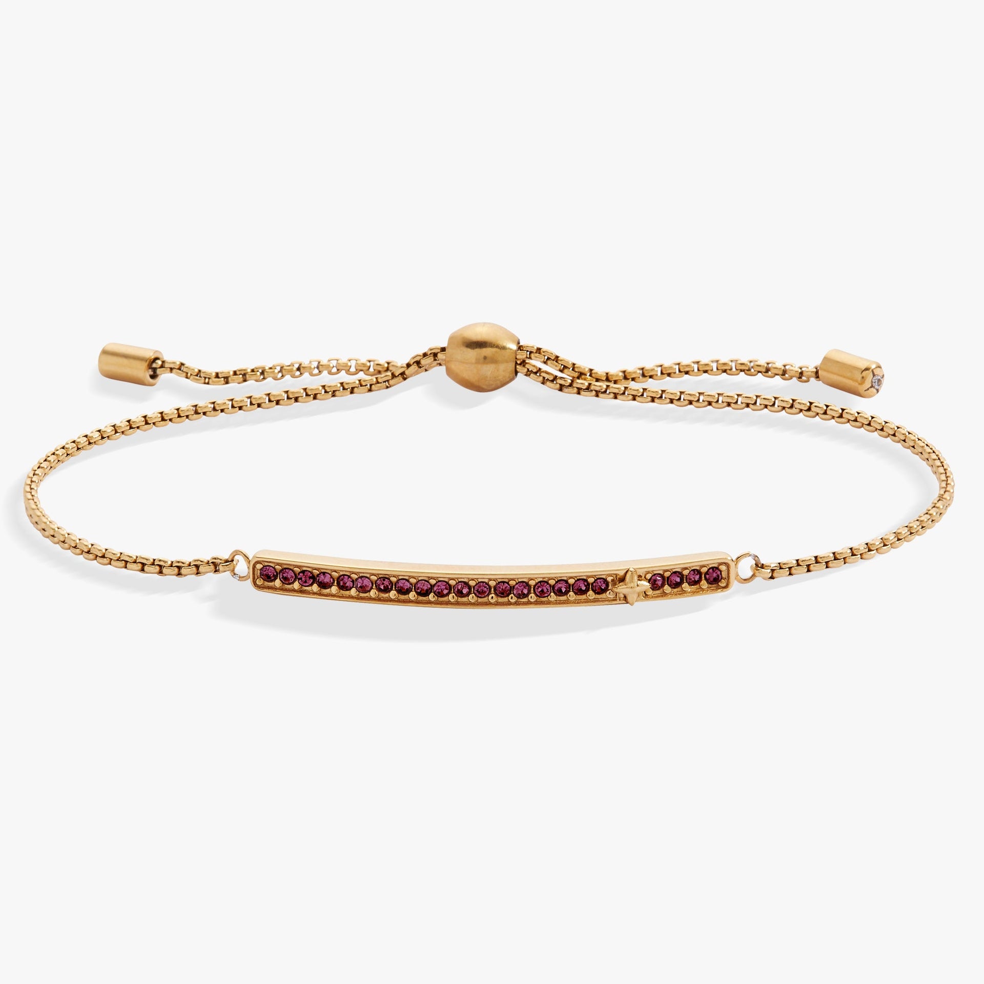 February birthstone bolo bracelet with a purple amethyst-colored stone and gold-tone finish.