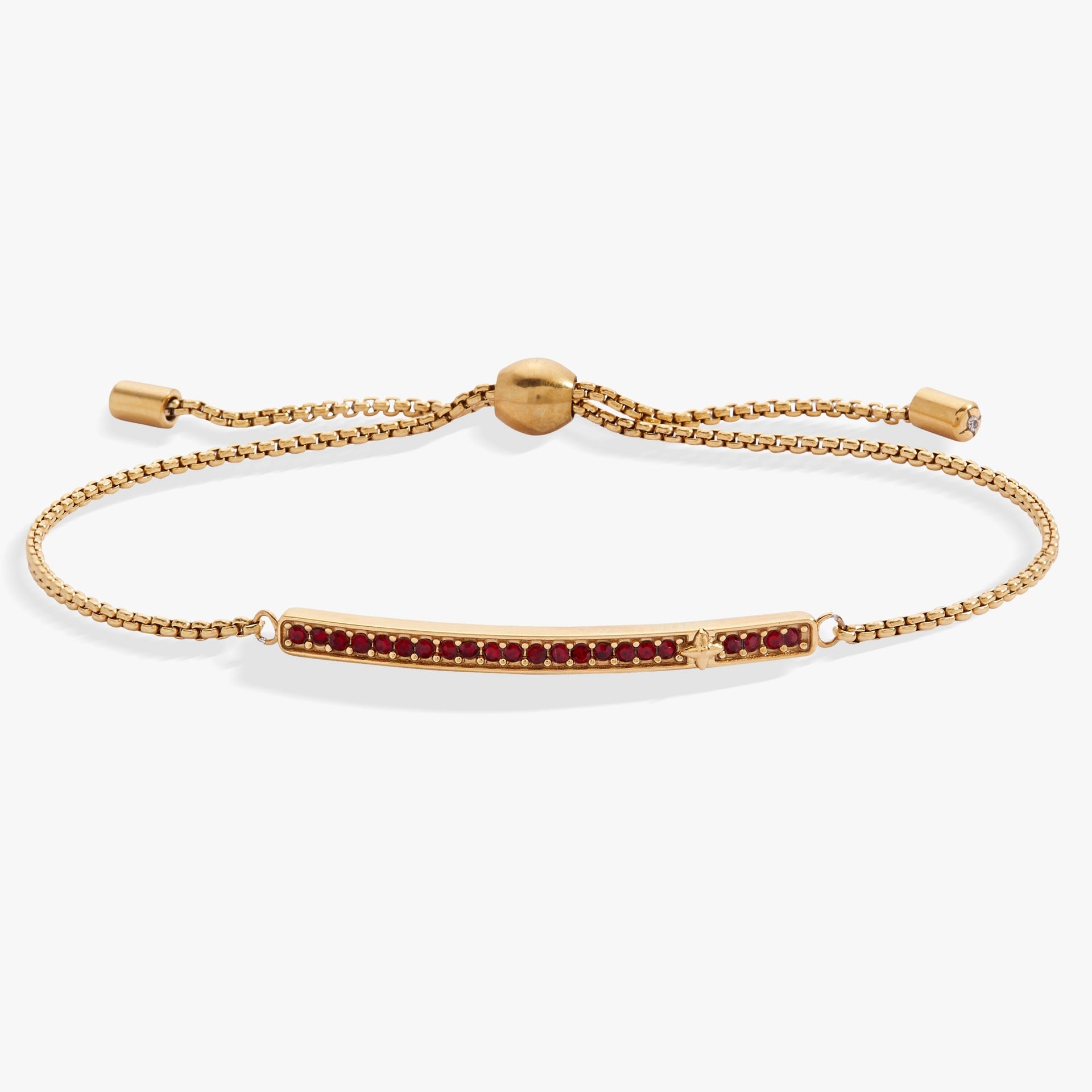 January birthstone bolo bracelet featuring a bold siam red stone with pave accents.