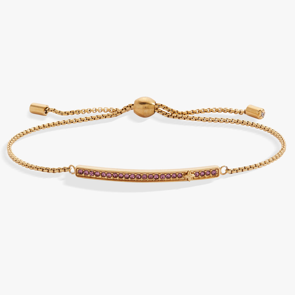 Adjustable gold bolo bracelet with a light amethyst pave birthstone for June.