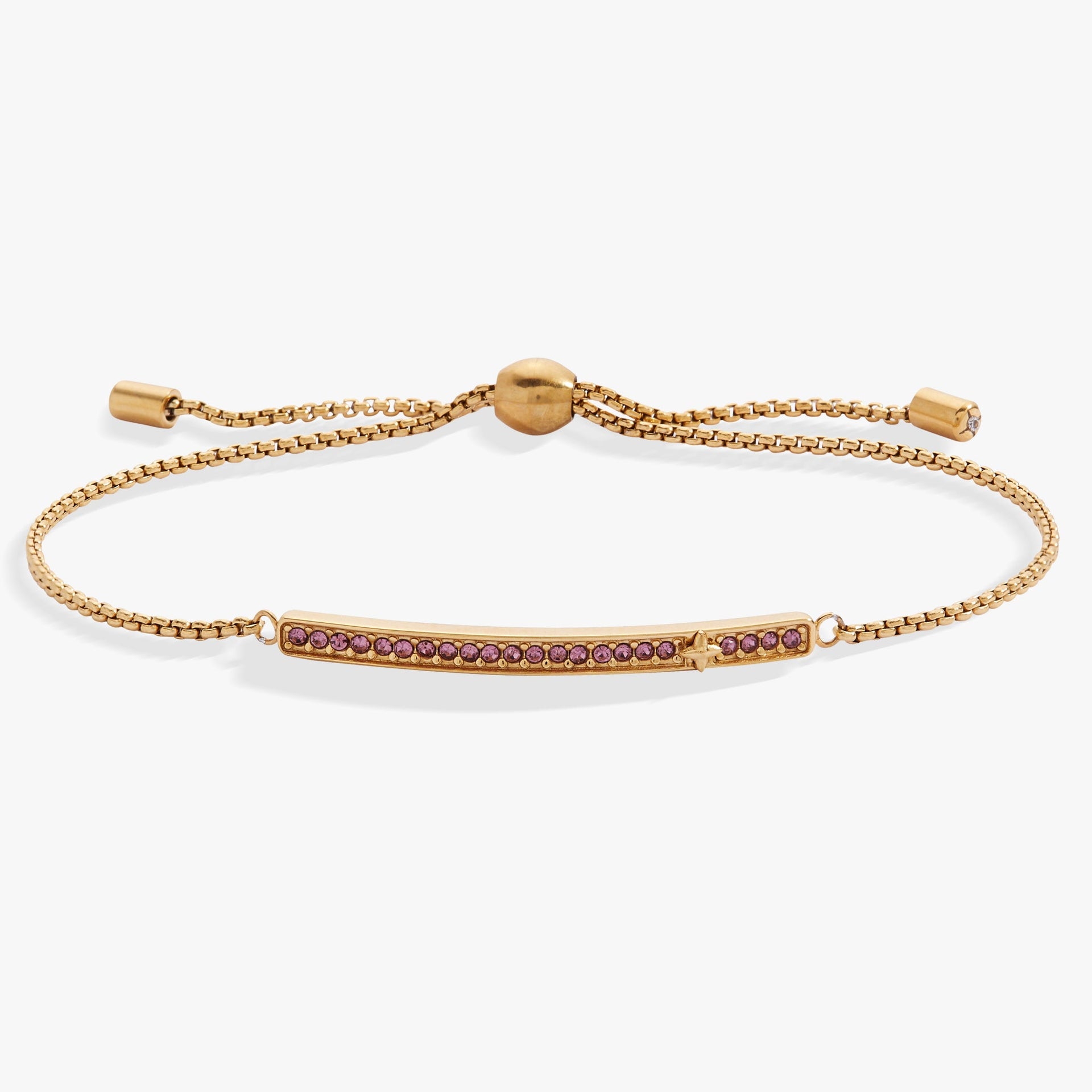Adjustable gold bolo bracelet with a light amethyst pave birthstone for June.