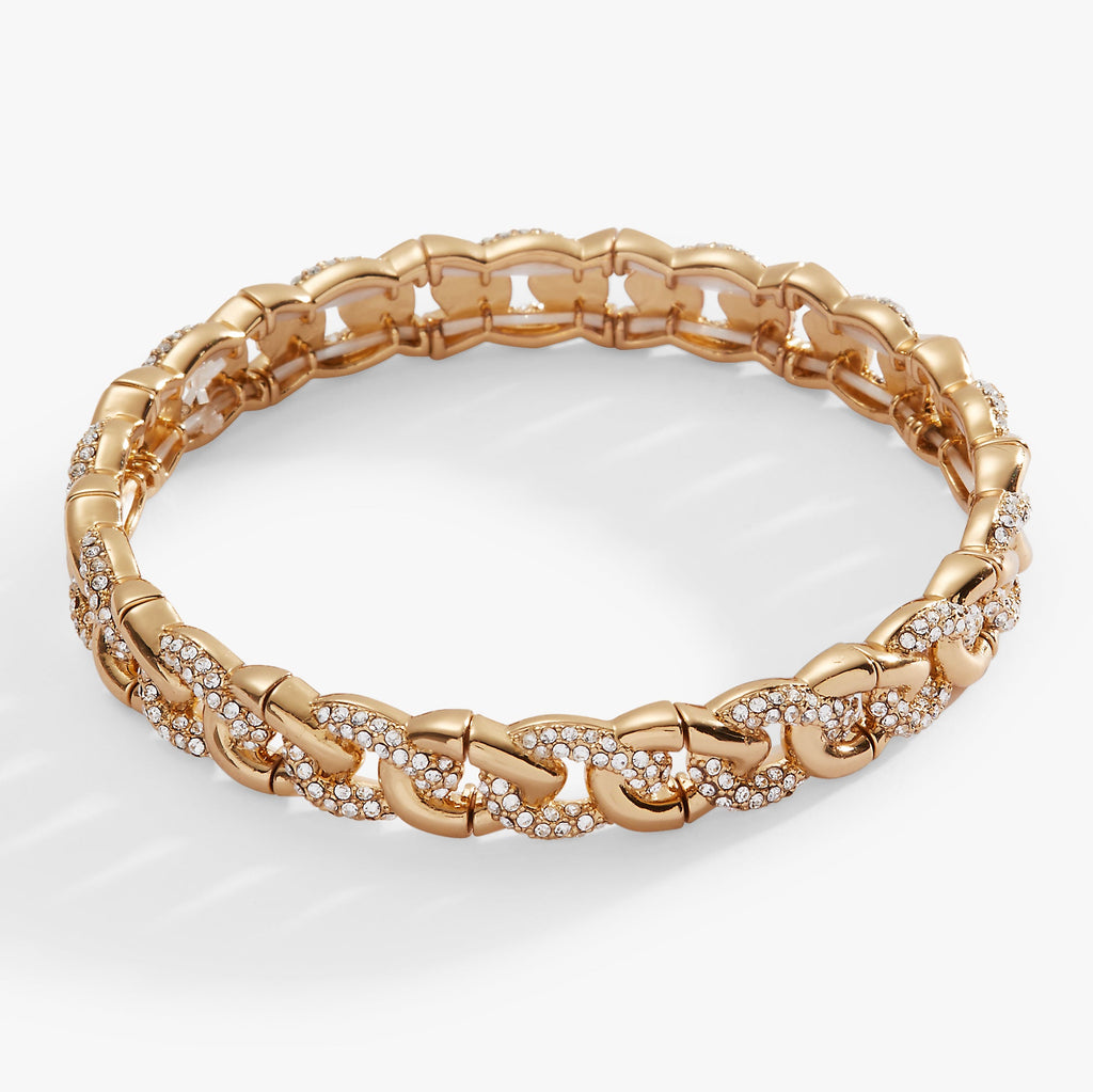 Chunky curb chain stretch bracelet with alternating gold-tone and pave crystal links