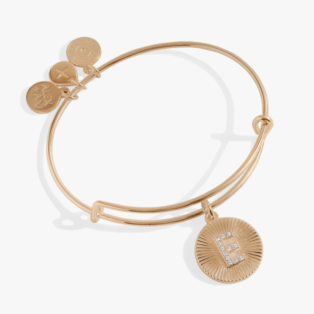 Initial E Pave Starburst Texture Bangle in gold and silver finish with crystal detail