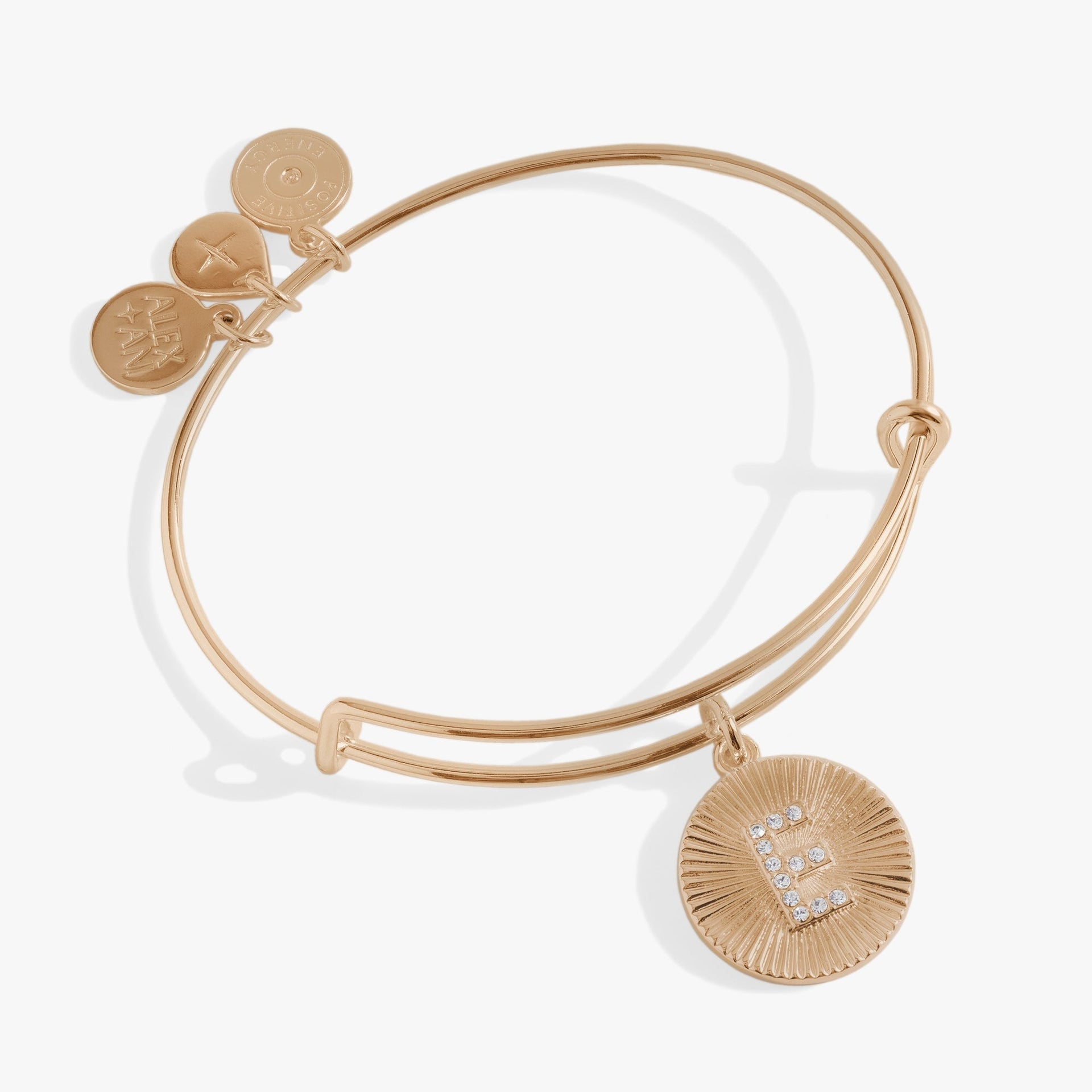 Initial E Pave Starburst Texture Bangle in gold and silver finish with crystal detail