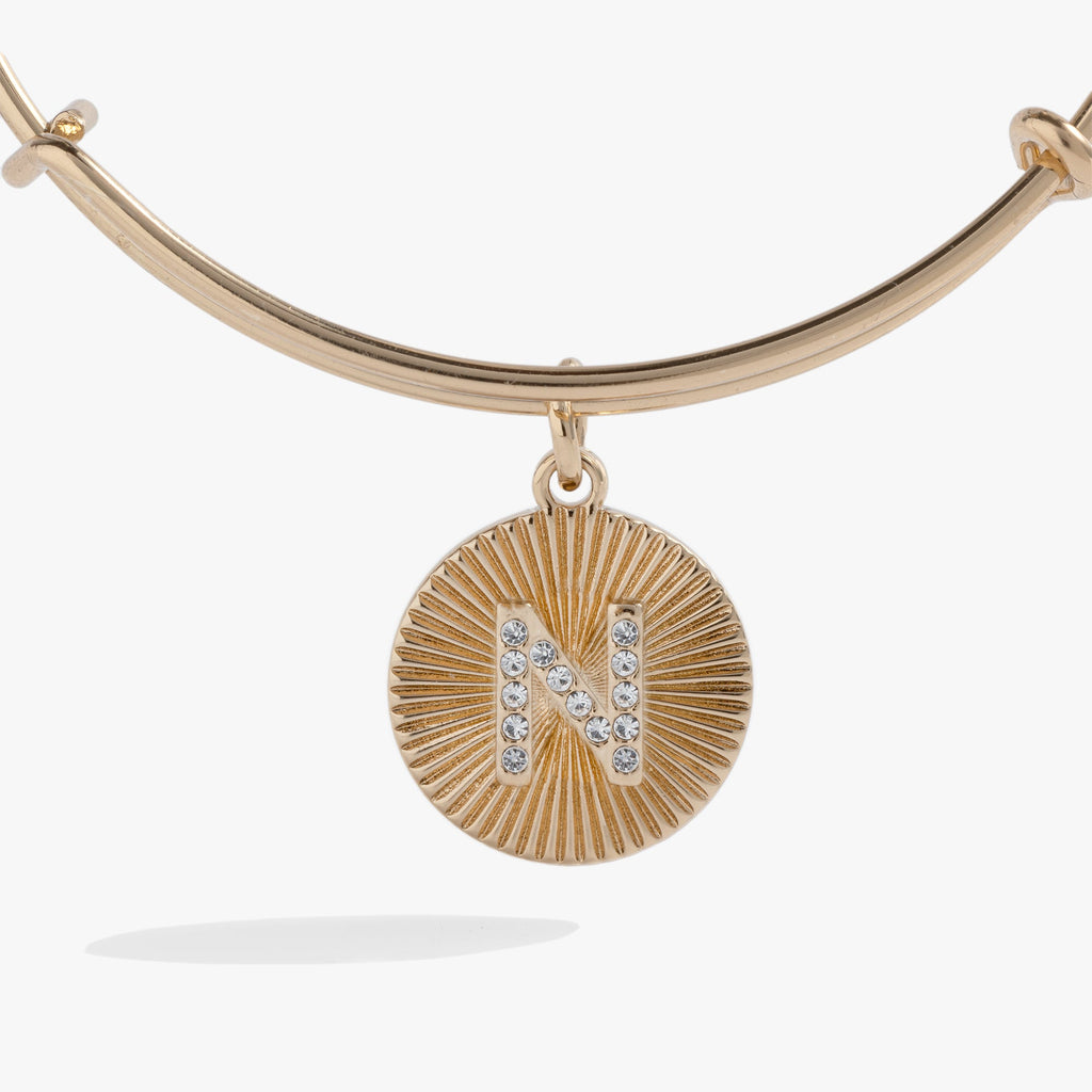 Initial N Pave Starburst Bangle Bracelet in Gold and Silver