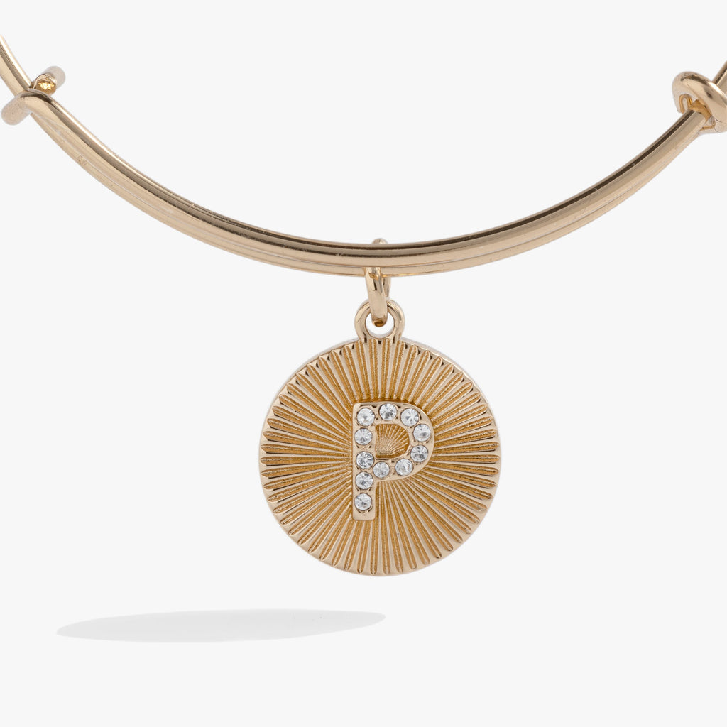 Initial P Pave Starburst Texture Bangle Bracelet in Gold or Silver