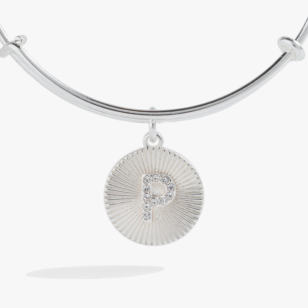 Initial P Pave Starburst Texture Bangle Bracelet in Gold or Silver