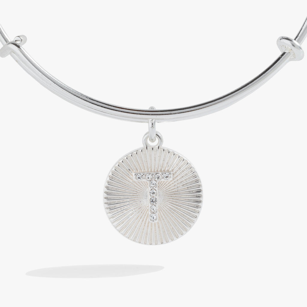 Initial T Pave Starburst Texture Charm Bangle Bracelet