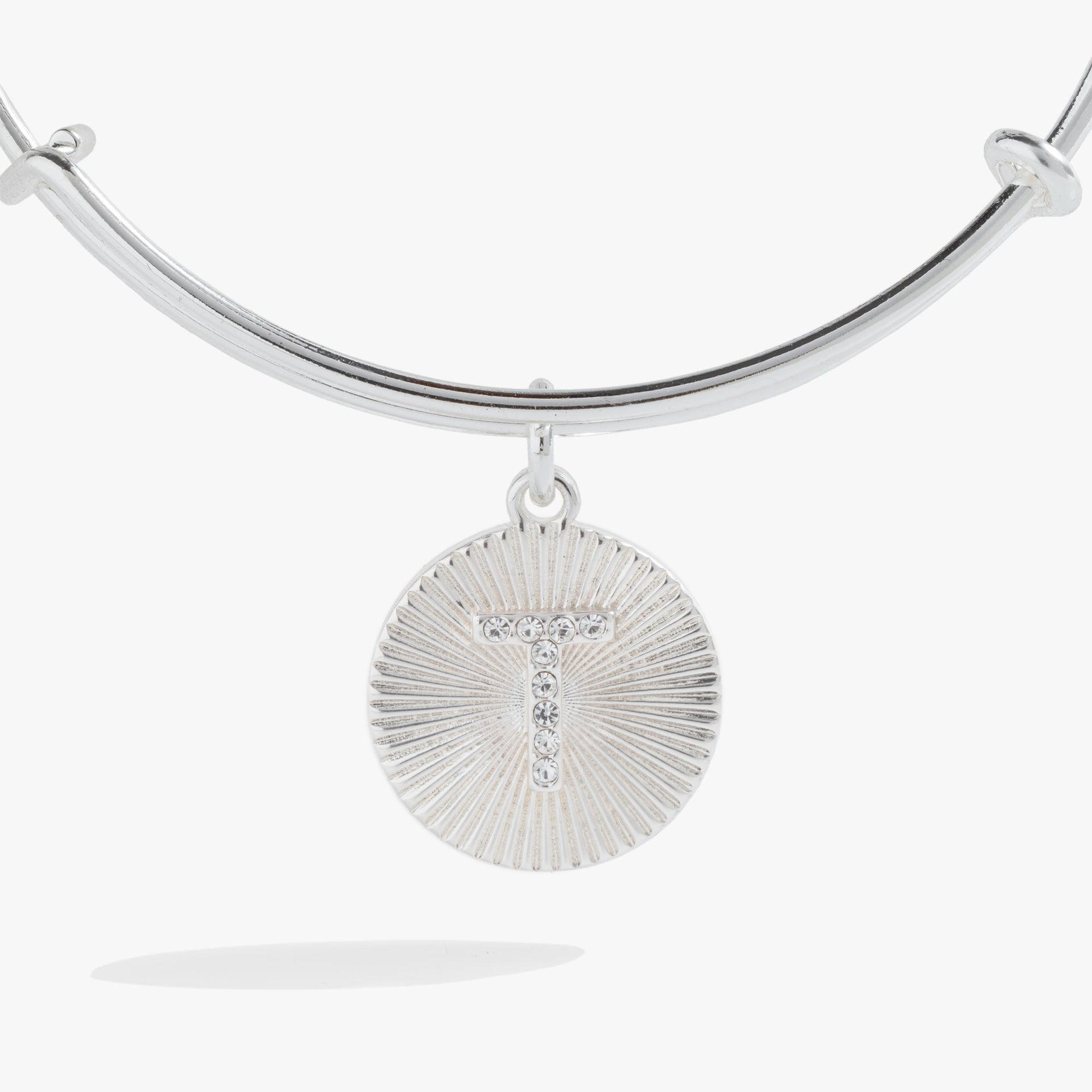 Initial T Pave Starburst Texture Charm Bangle Bracelet