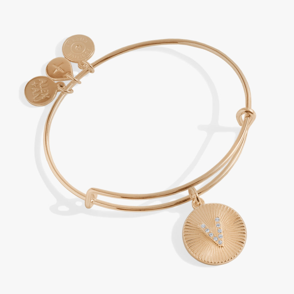 Initial V Pave Starburst Texture Bangle in gold and silver