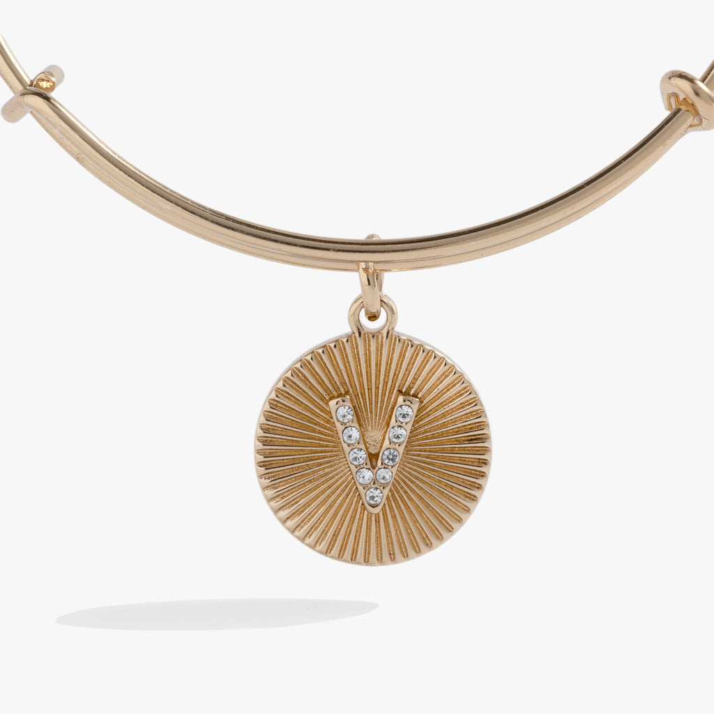 Initial V Pave Starburst Texture Bangle Bracelet in Gold or Silver