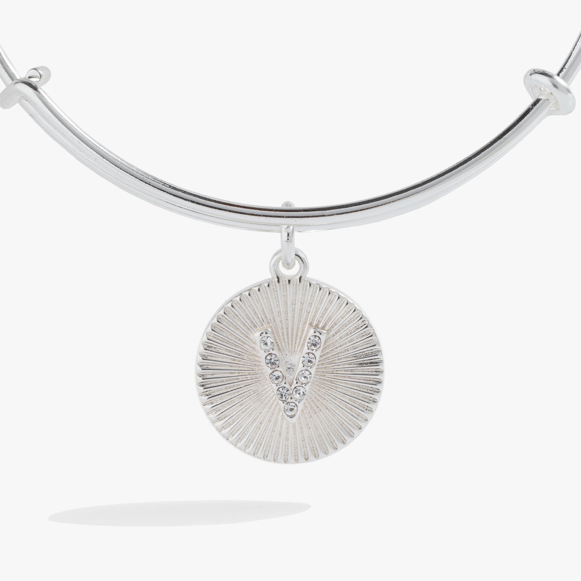 Initial V Pave Starburst Texture Bangle Bracelet in Gold or Silver