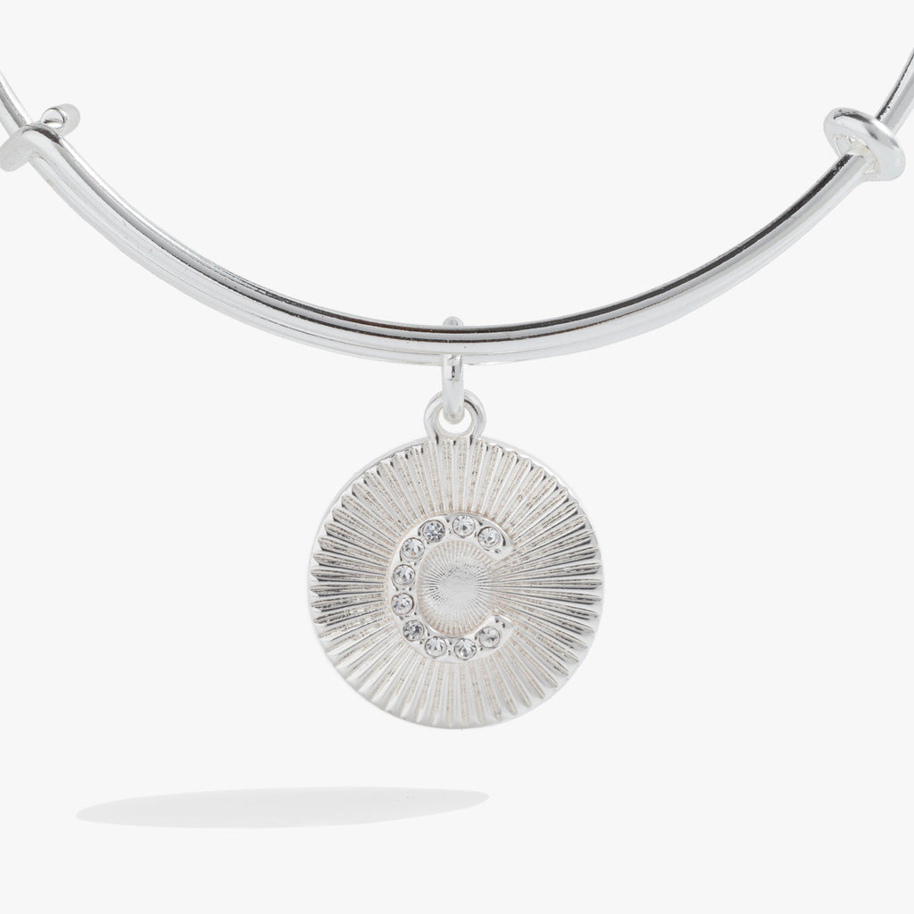 Initial C Pave Starburst Texture Charm Bangle Bracelet