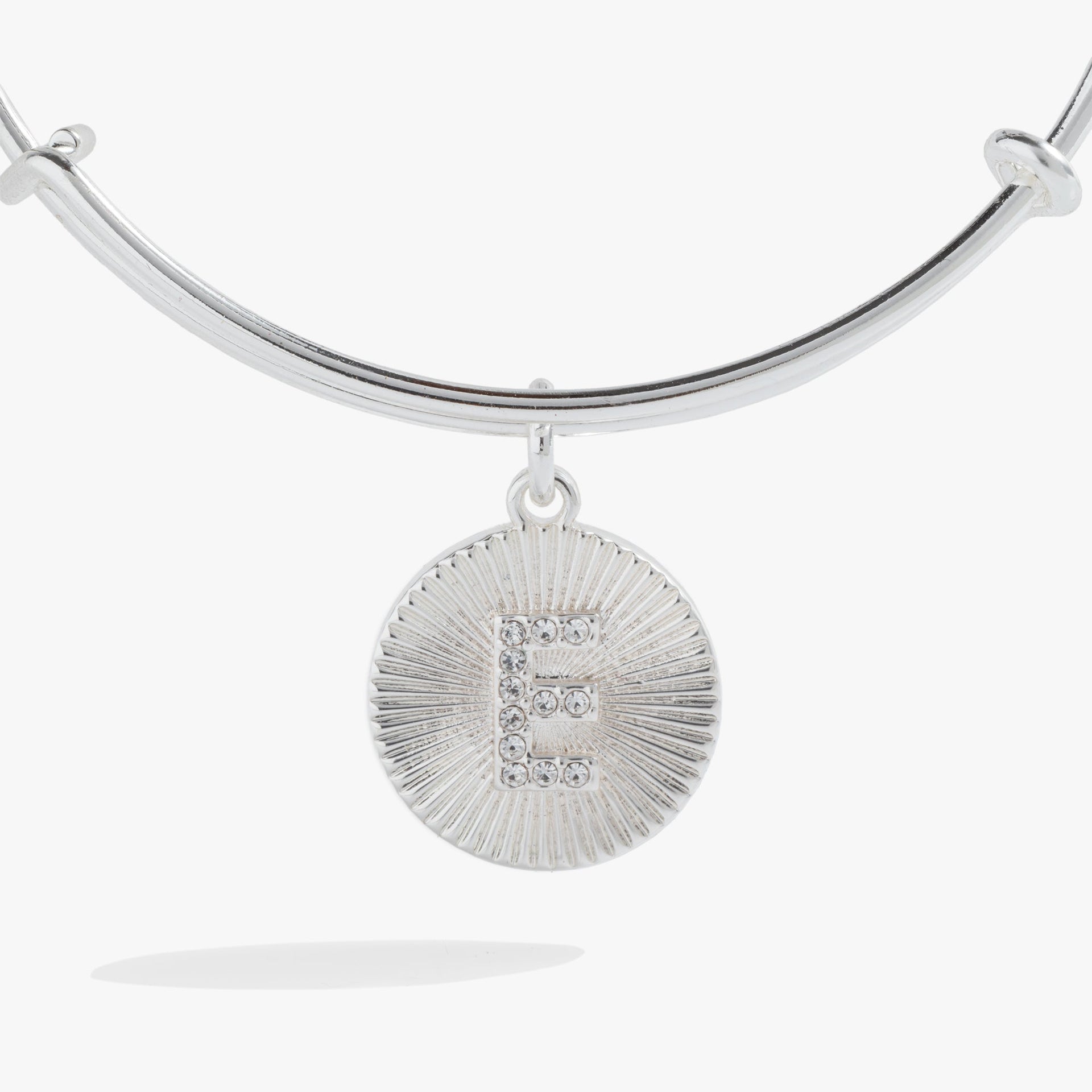 Initial E Pave Starburst Texture Bangle Bracelet in Gold or Silver